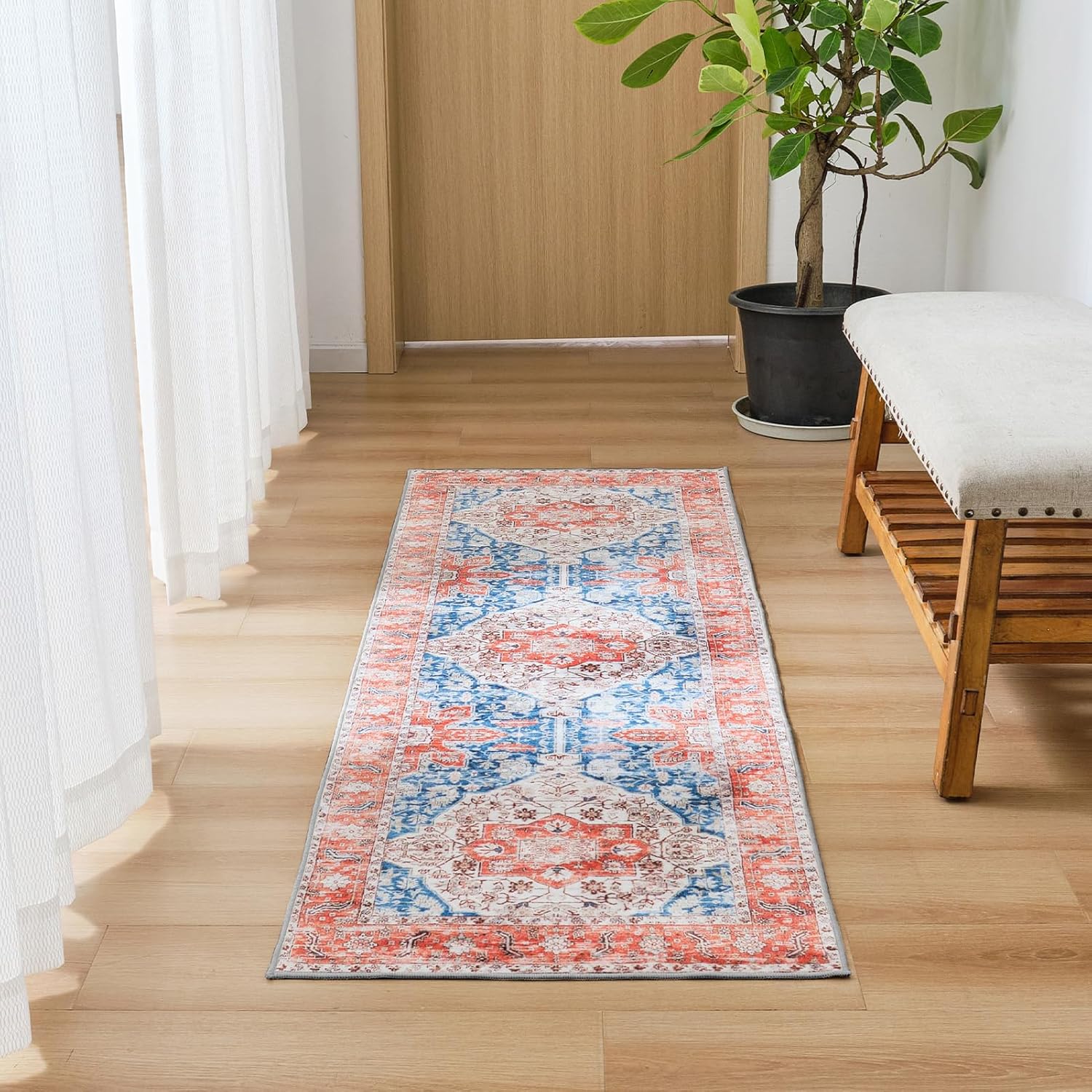 Auemtyn Alfombra de pasillo, 2 x 6 pies, lavable, vintage, con parte trasera antideslizante, medallón ultrafina, no desprende pelusa, alfombra roja,