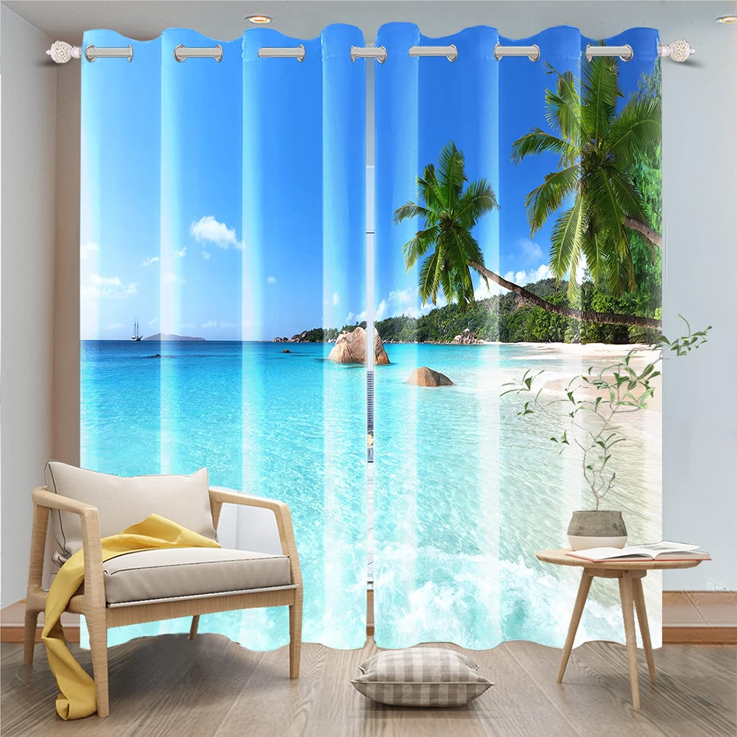Renaiss Cortinas de ventana junto al mar, playa soleada, olas del océano, tratamiento de palmera de coco, cortinas opacas para hombre y mujer,