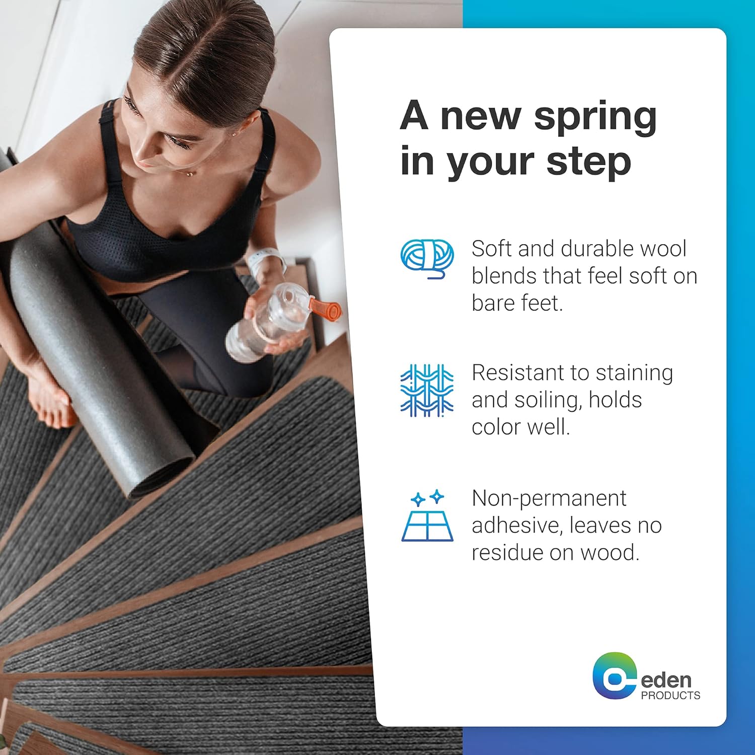 EdenProducts – Alfombra antideslizante para escaleras de interior, adhesivo preaplicado, evita resbalones, para escalones de madera, seguridad para