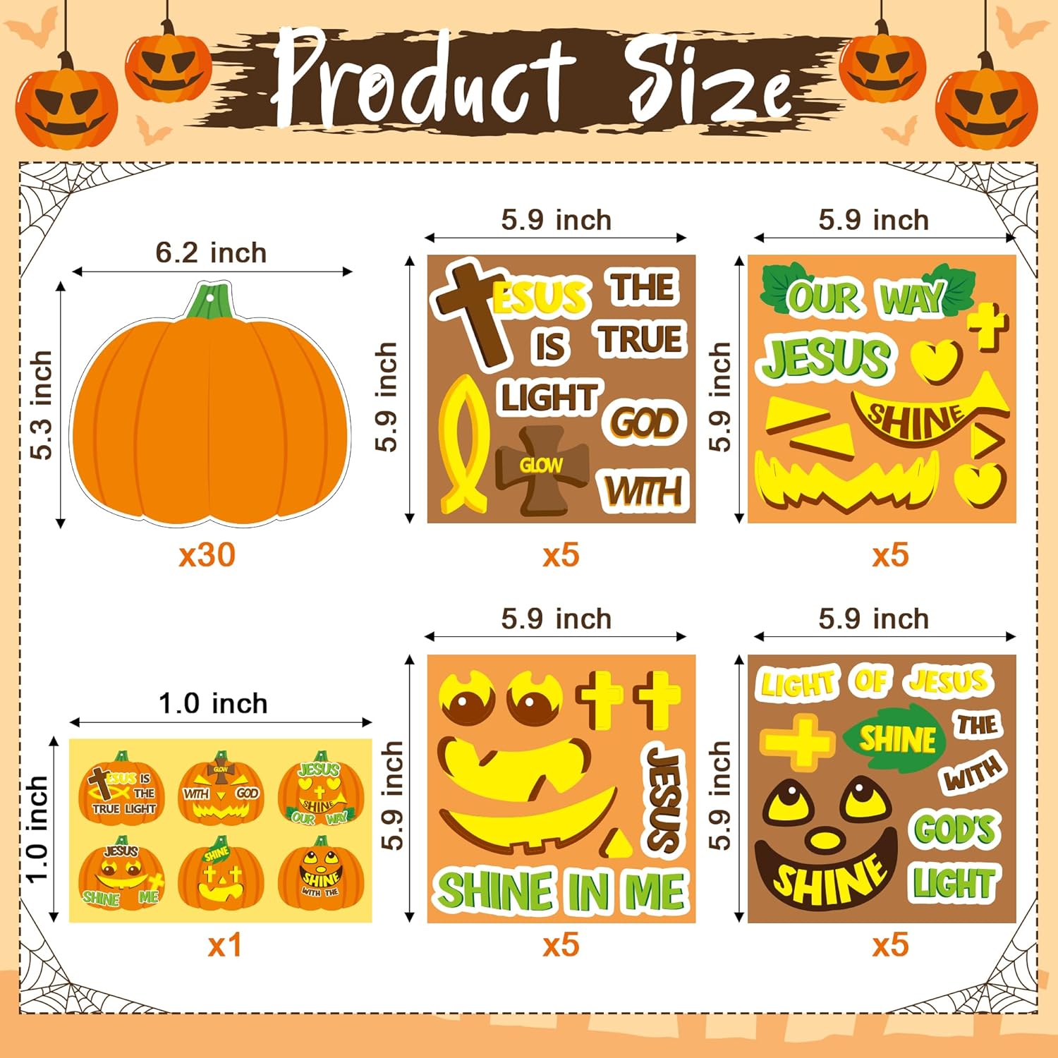 Juego de 30 adornos colgantes de calabaza cristiana de Jesús para Halloween, divertidos recortes de calabazas con cuerdas, decoración de cruz de