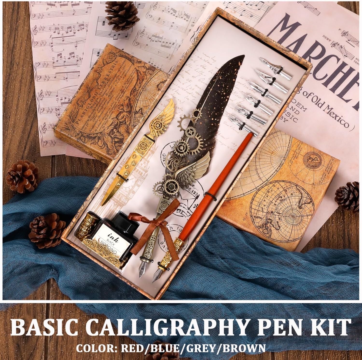 Juego de bolígrafos de caligrafía de pluma  Estilo Steampunk mecánico antiguo  Pluma de diseño mecánico con pluma de inmersión de madera para una