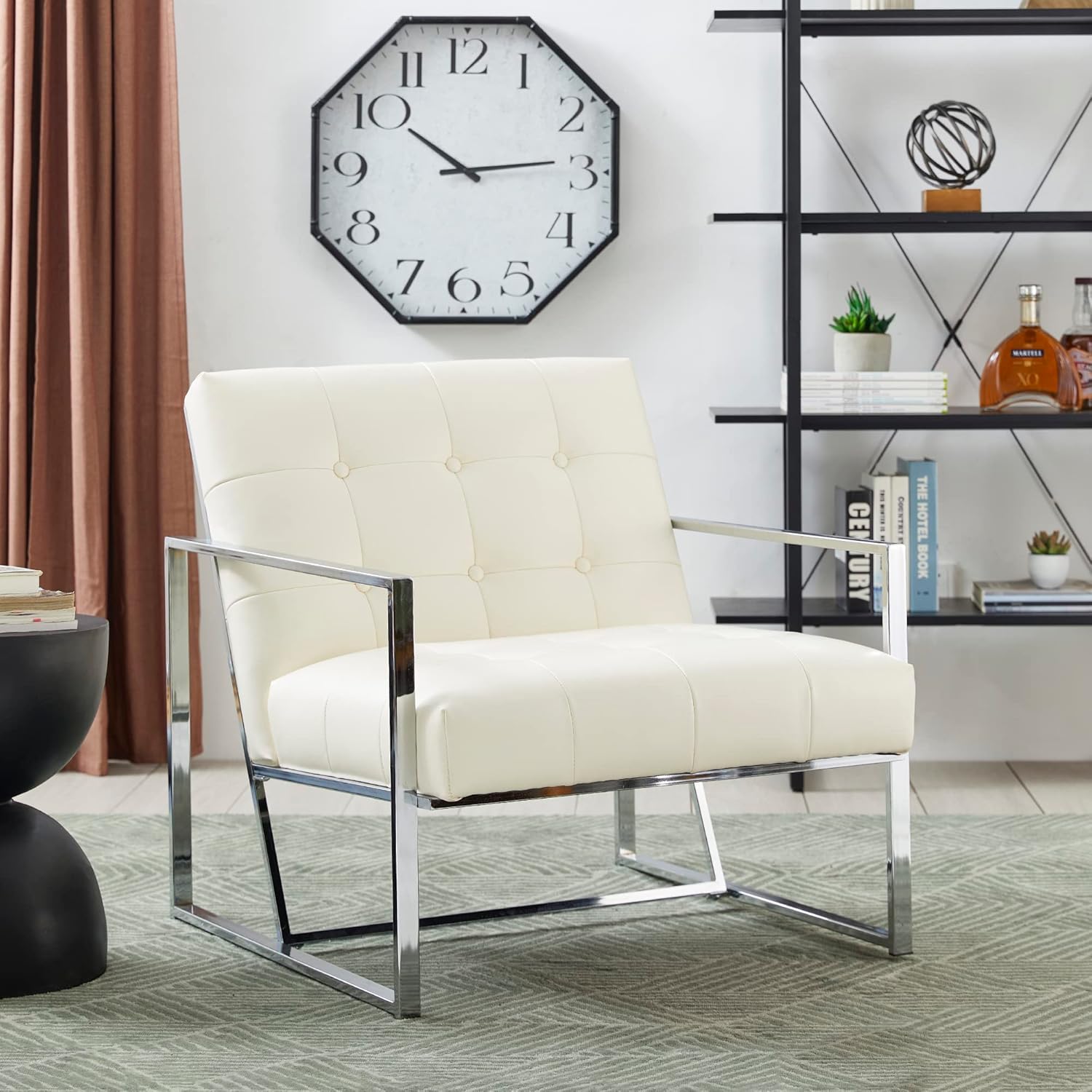 glitzhome Silla decorativa moderna de mediados de siglo, sillas modernas para sala de estar con marco de metal duradero, acolchado de piel