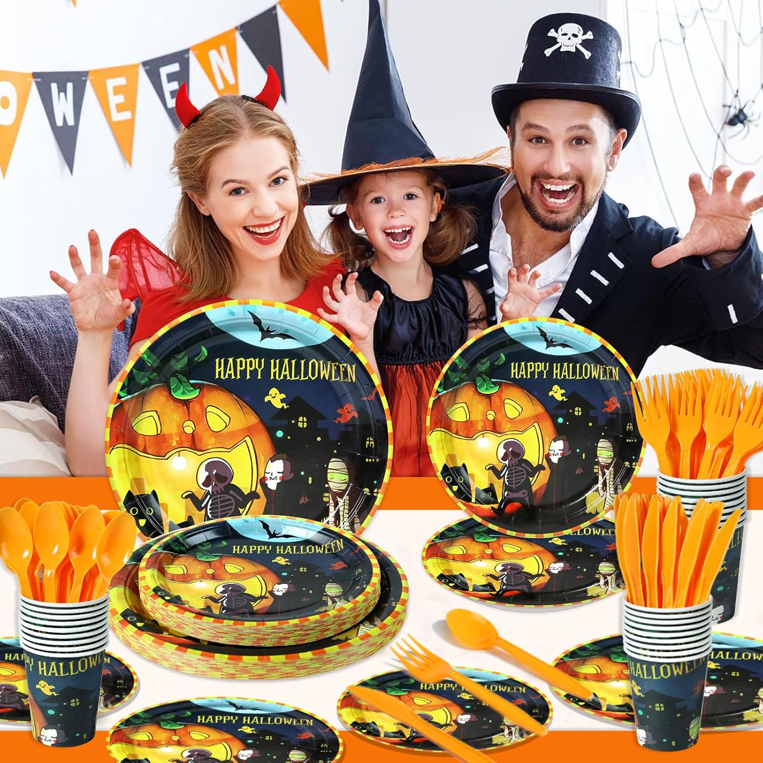 150 piezas de suministros para fiesta de Halloween, decoraciones de fiesta de Halloween (sirve 25), juego de vajilla desechable para niños, incluye