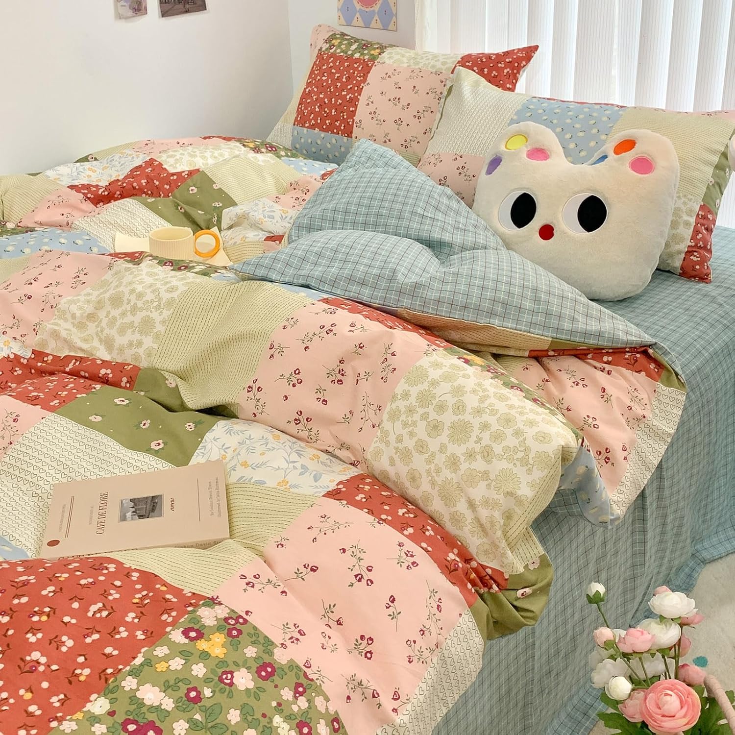 EAVD Juego de funda de edredón floral de algodón, tamaño Queen, diseño de retazos florales coloridos con 2 fundas de almohada, elegante funda de