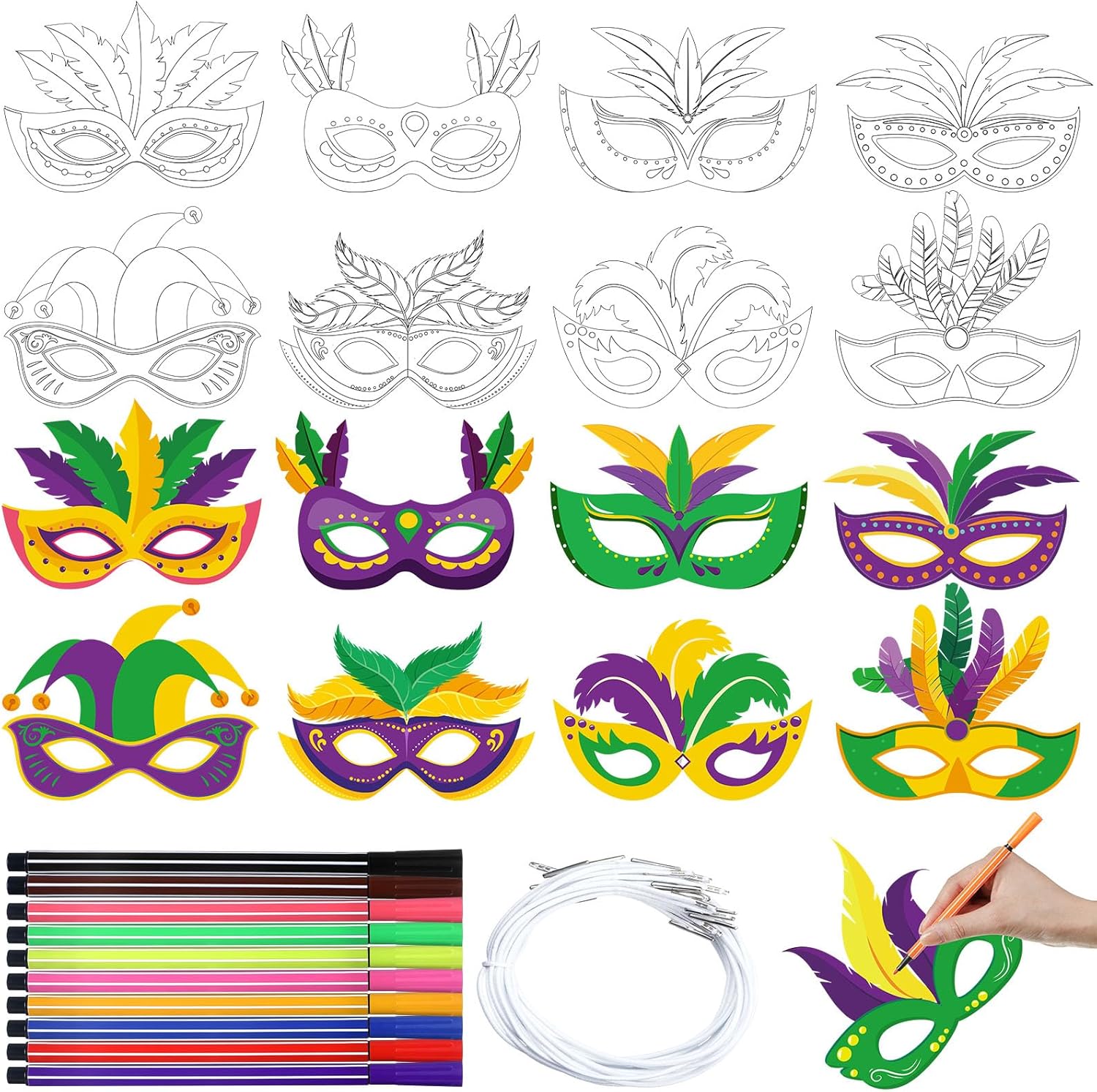 16 máscaras de Mardi Gras DIY Carnaval para colorear, máscara de papel para fiesta de mascarada, máscara de papel con bolígrafos para actividades de