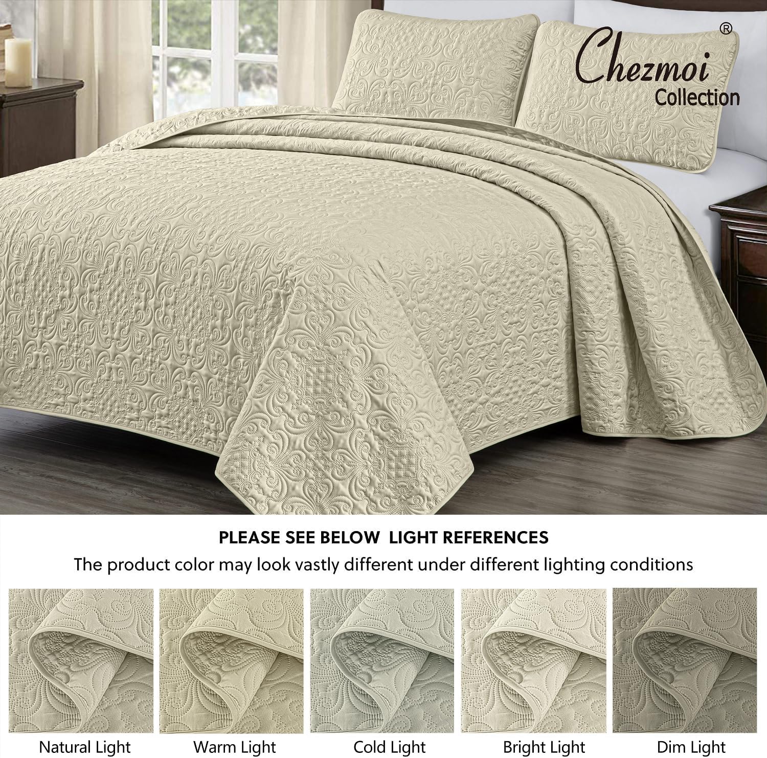 Chezmoi Collection Luca – Juego de edredón tamaño Queen de 3 piezas, color beige, suave, ligero, de verano, tamaño Queen, de 100 x 106 pulgadas,