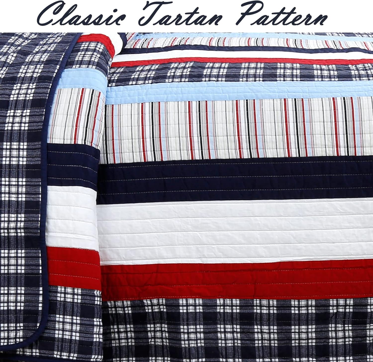 Cozy Line Home Fashions Juego de ropa de cama reversible de 100 % algodón con diseño de rayas rojas y azul marino (Ronnie Varsity, Queen, 3 piezas 1