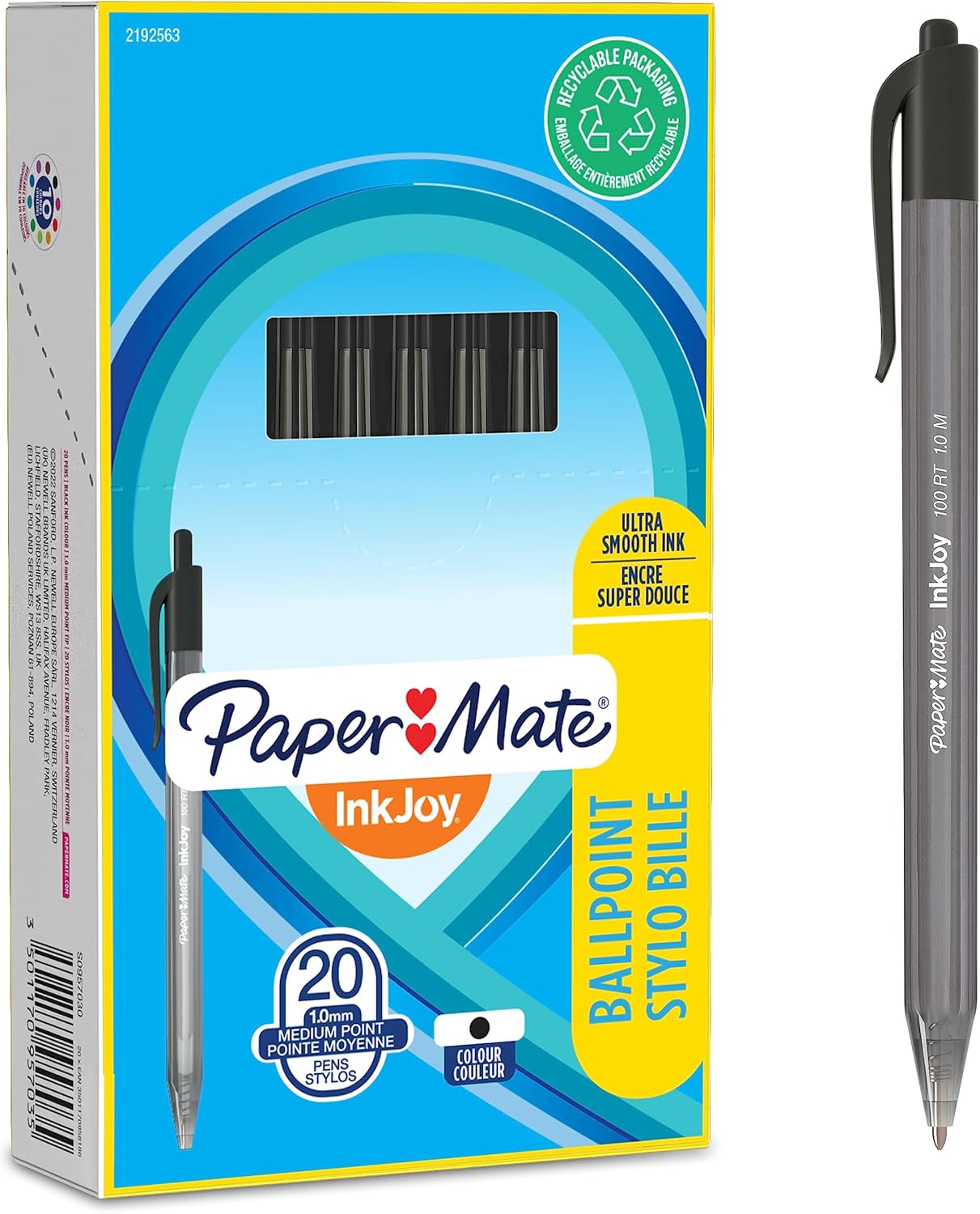 Paper Mate InkJoy 100RT – Bolígrafos retráctiles, punta media (0.039 pulgadas), color negro, 20 unidades