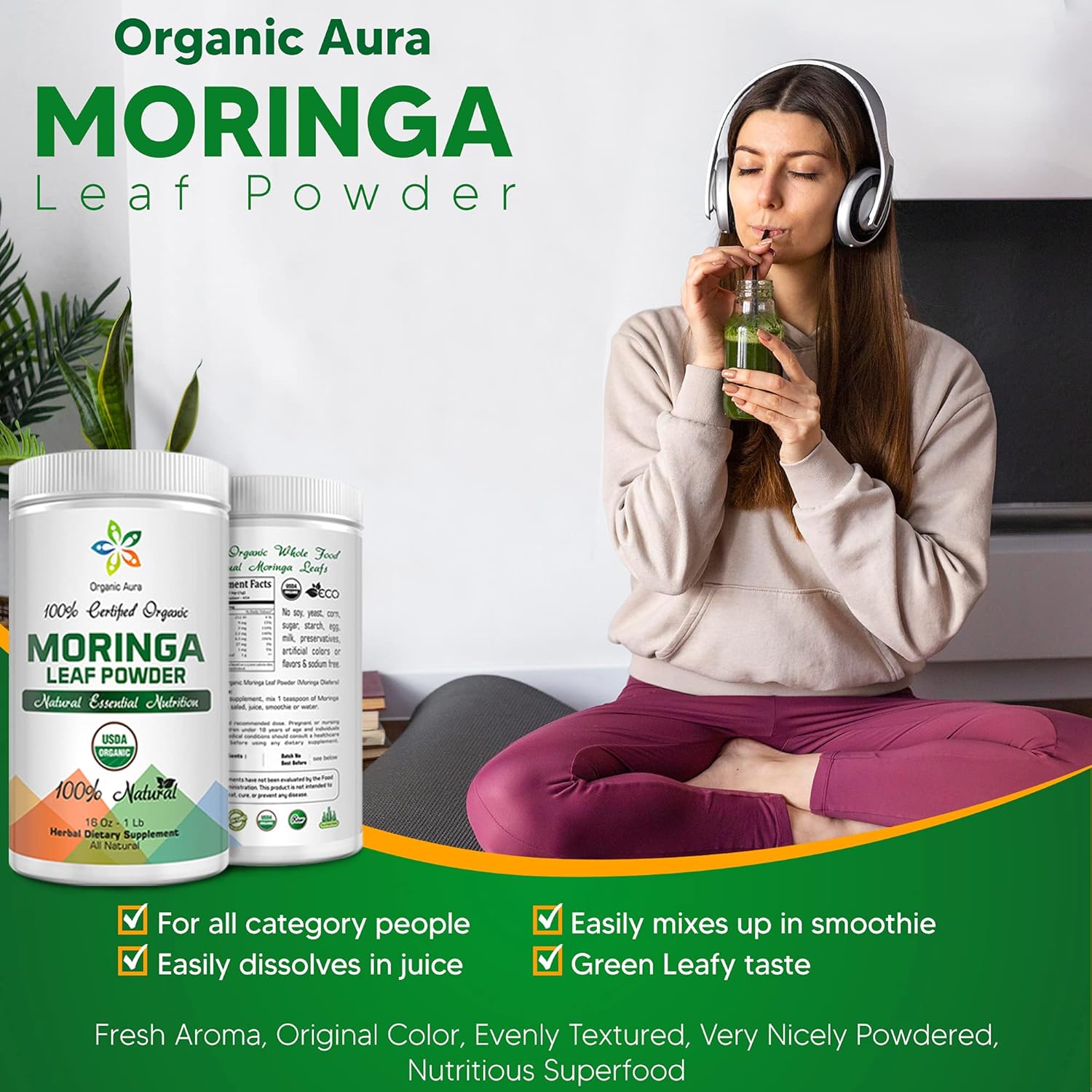 Polvo de hoja de moringa orgánica certificada, 8 onzas. Certificado orgánico por USDA. Aumenta naturalmente la energía, el metabolismo y la