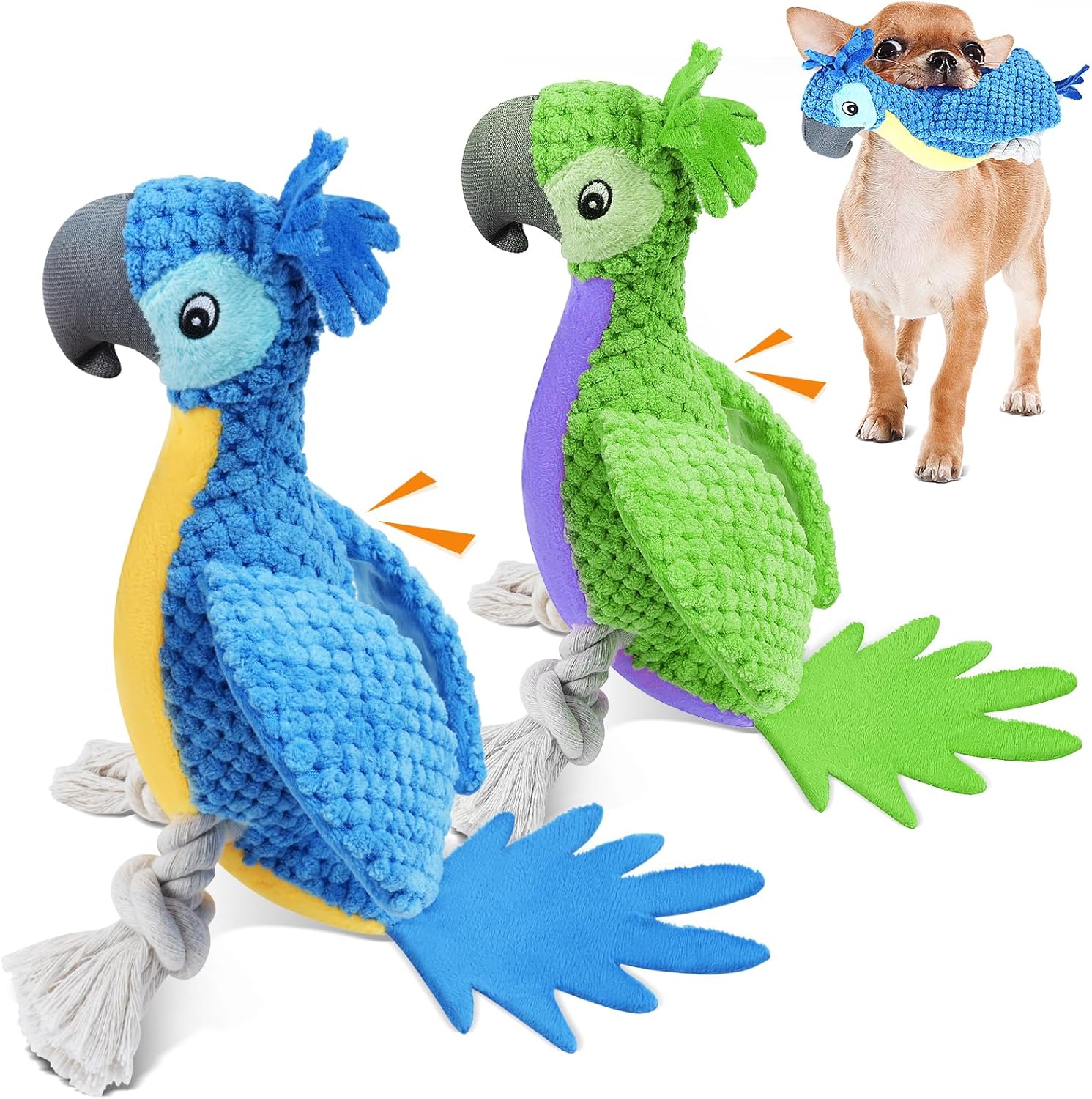 ROSAUI 2 juguetes chirriantes de felpa para perros, exquisito diseño de loro, pana suave con textura de piña, juego interactivo para perros