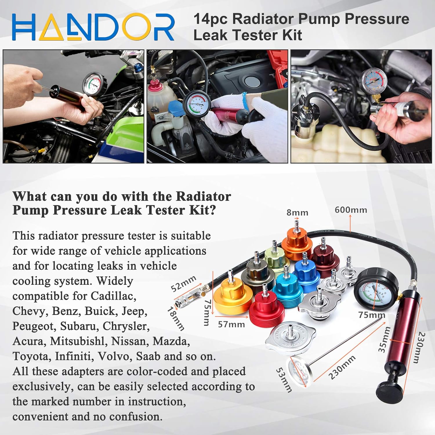 Handor Kit de herramientas de probador de presión de radiador de aluminio, sistema de enfriamiento a presión al vacío, juego de probador de presión