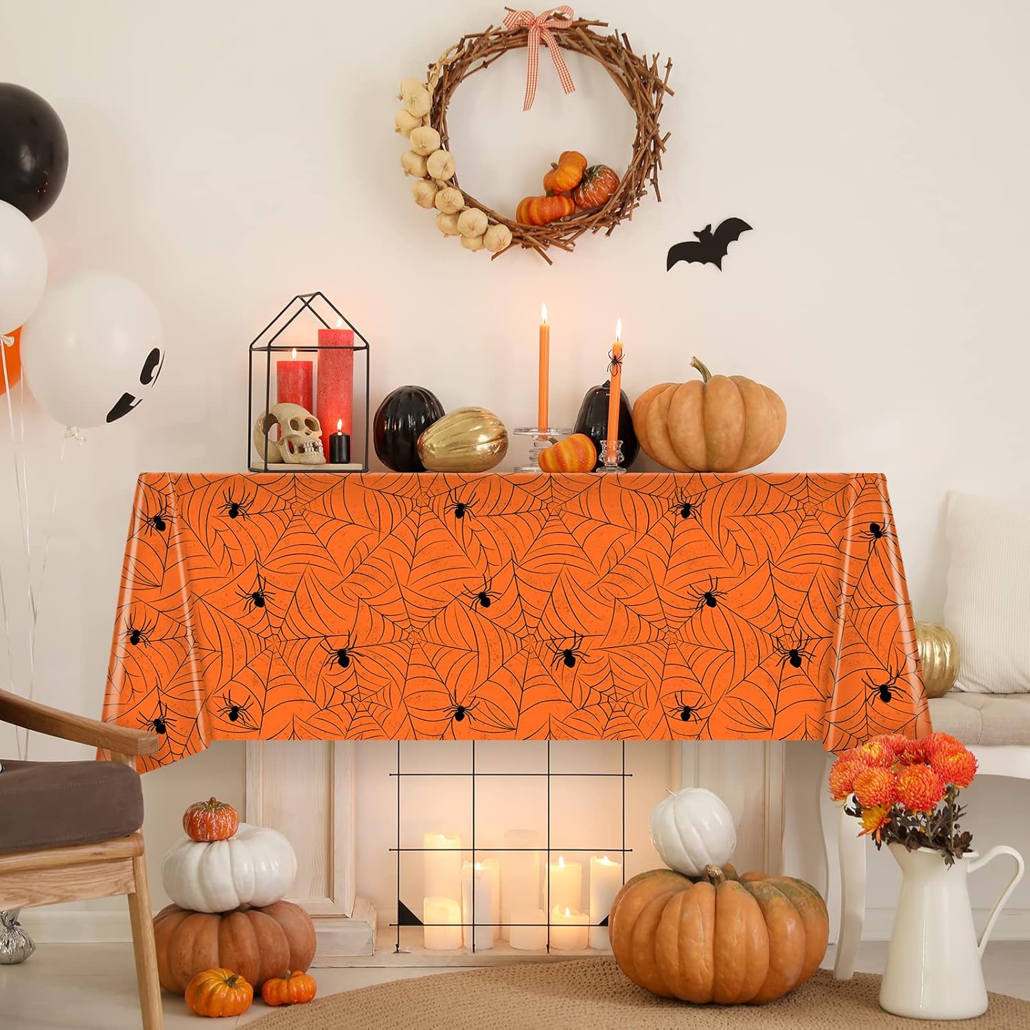 TREWAVE Paquete de 3 manteles rectangulares de tela de araña de Halloween, manteles de plástico de gran tamaño para decoración del hogar,