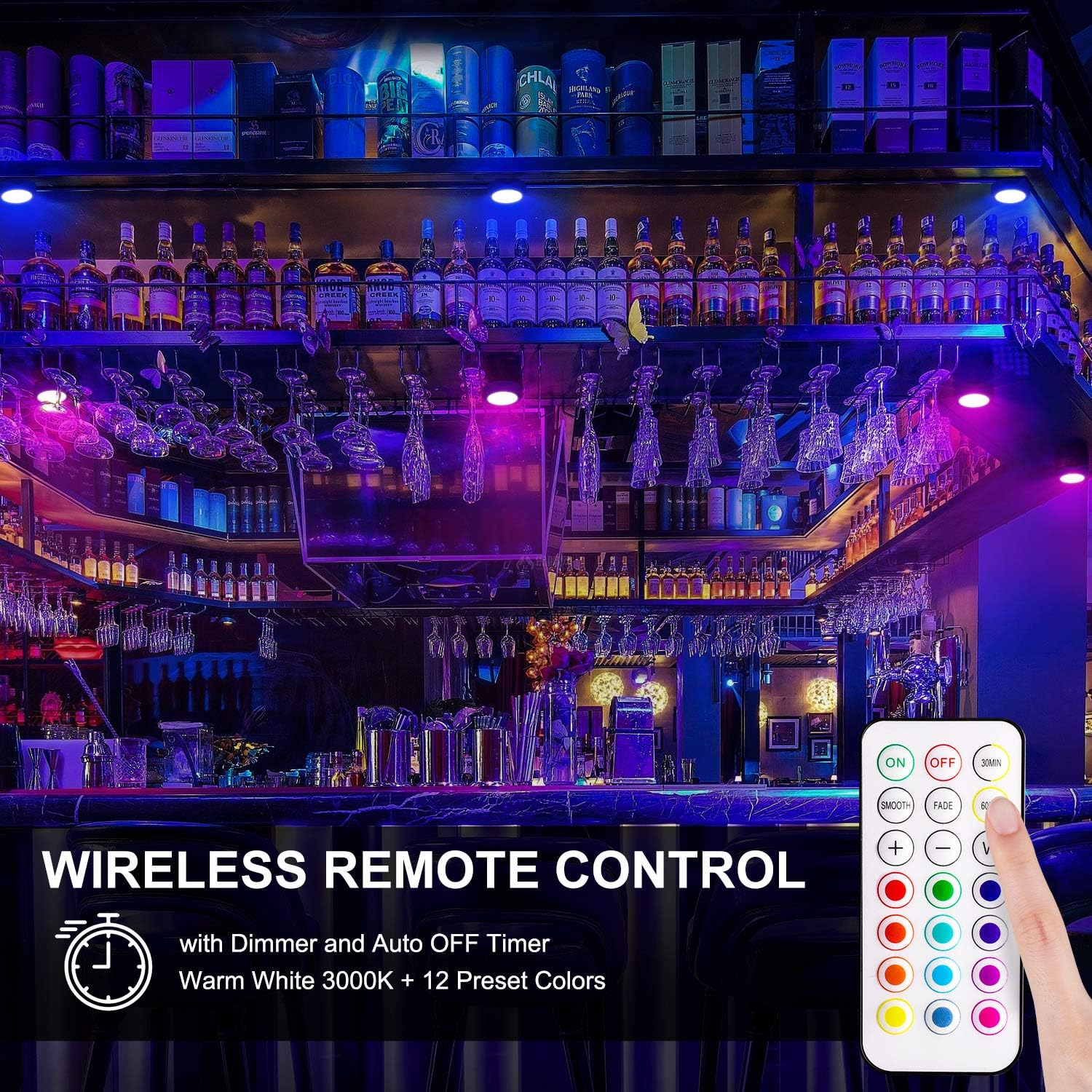 Iluminación LED para debajo del gabinete, funciona con pilas, 6 luces de disco con control remoto, luces de armario de cocina, luces adhesivas de 13