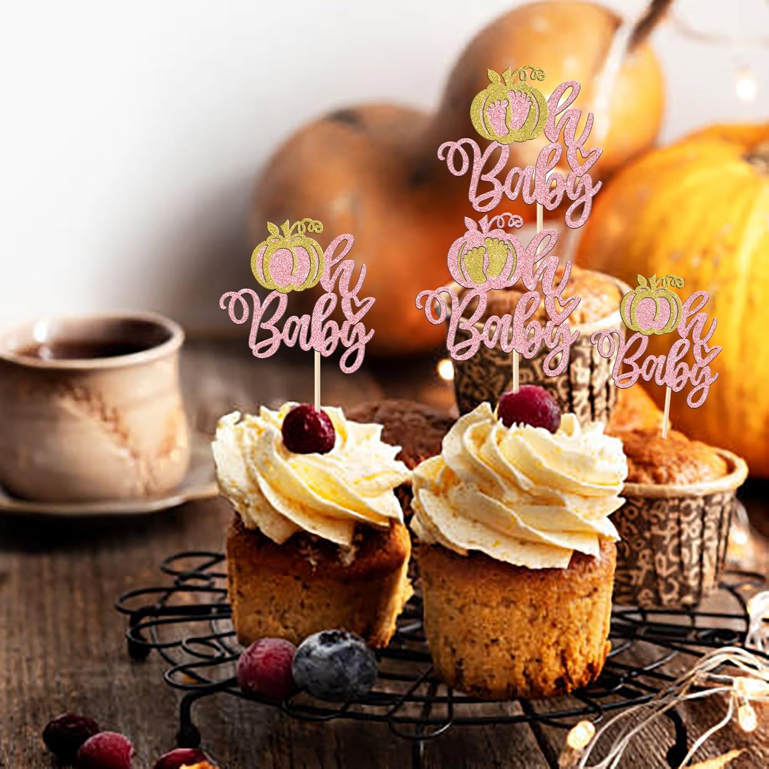 Paquete de 24 adornos para cupcakes de calabaza Oh Baby con purpurina para revelación de género, palillos de dientes, decoración de pastel de baby