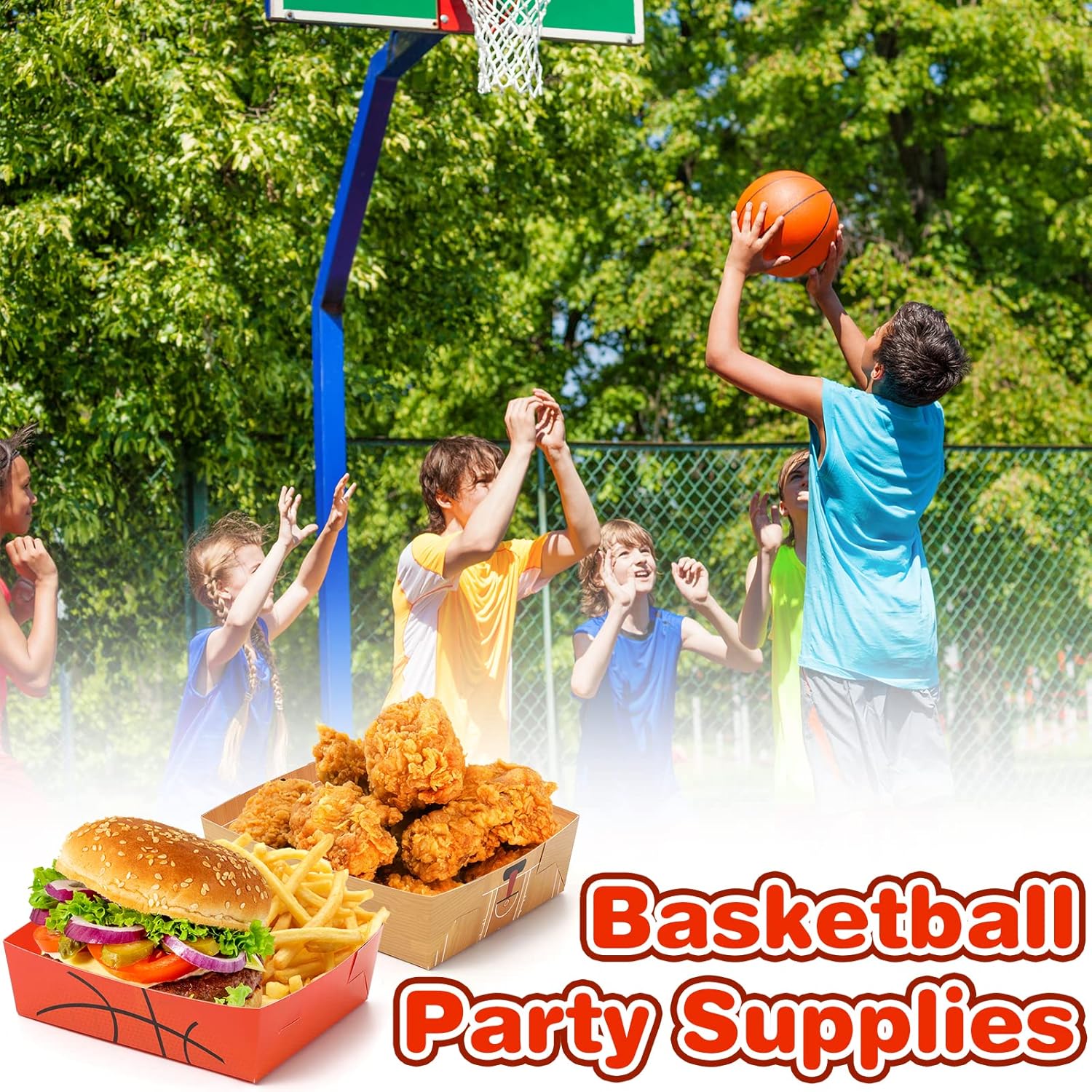 Paquete de 100 bandejas de papel de baloncesto de 5 libras, platos de baloncesto grandes, botes de comida, cuencos de baloncesto desechables,