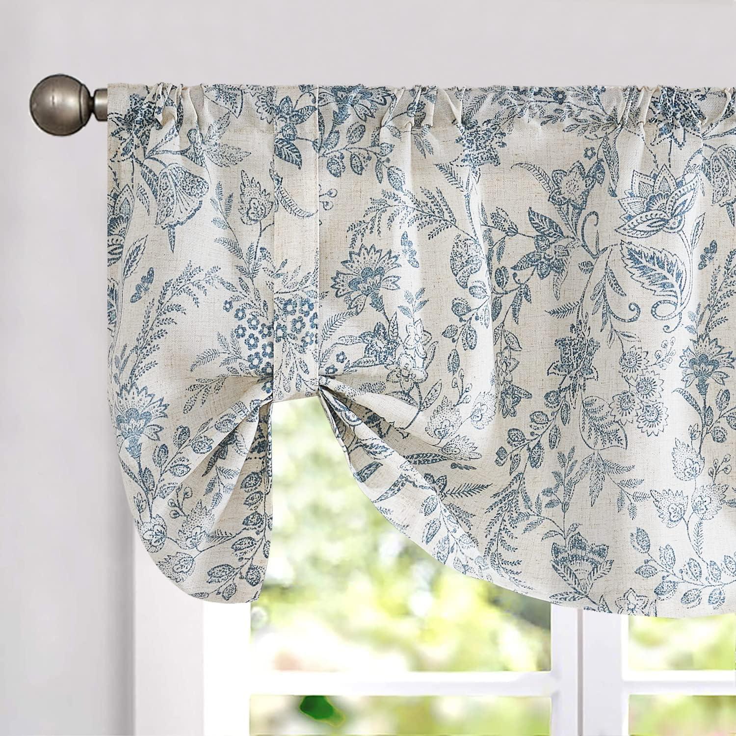 Lazzzy Cenefa de lino con lazos florales azules, cenefa de lino para cocina, sala de estar, dormitorio, cenefas de campo, tratamientos de ventana,
