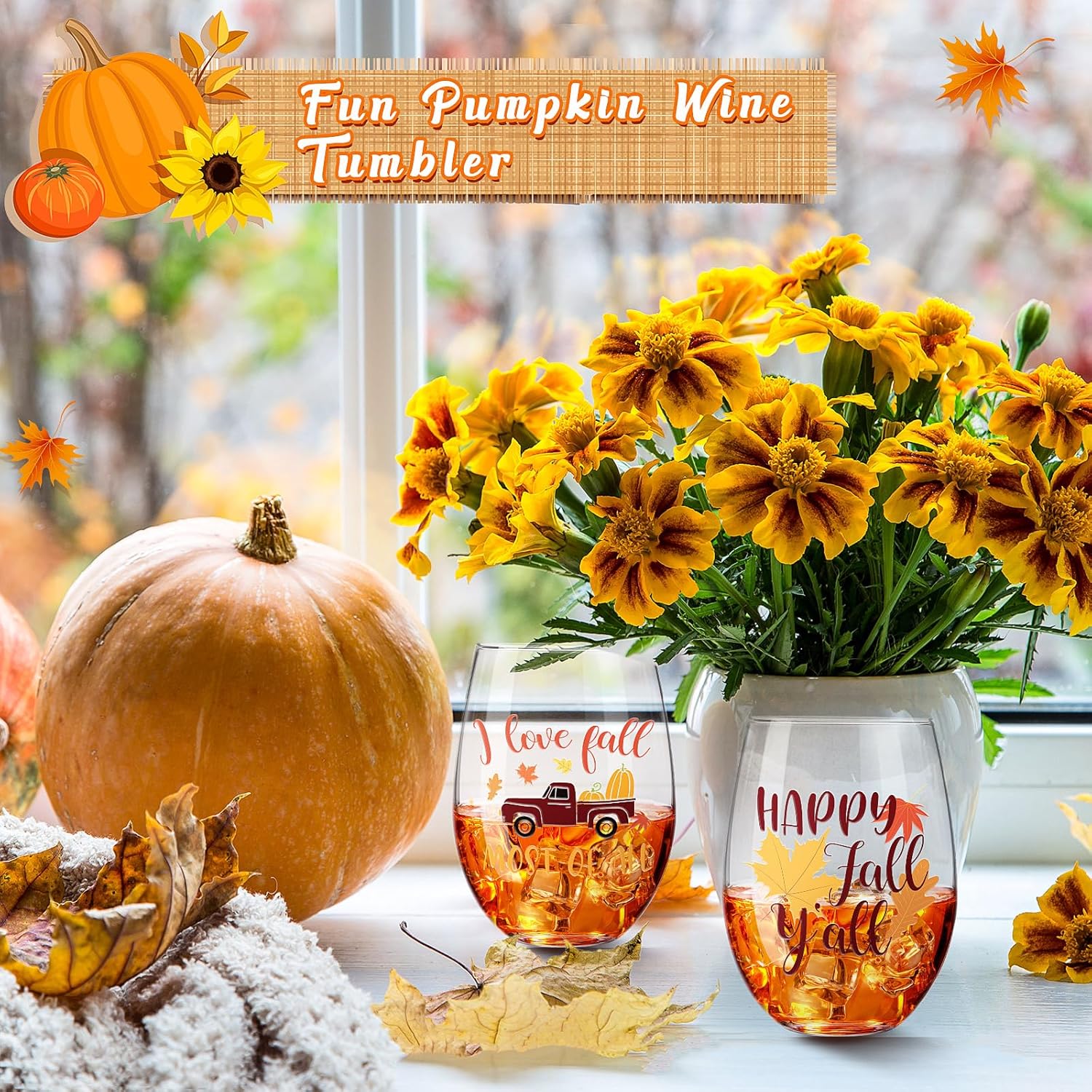 4 copas de vino sin tallo de otoño para mujeres, decoraciones de otoño de Acción de Gracias, tazas de especias de calabaza, cosecha de calabaza,