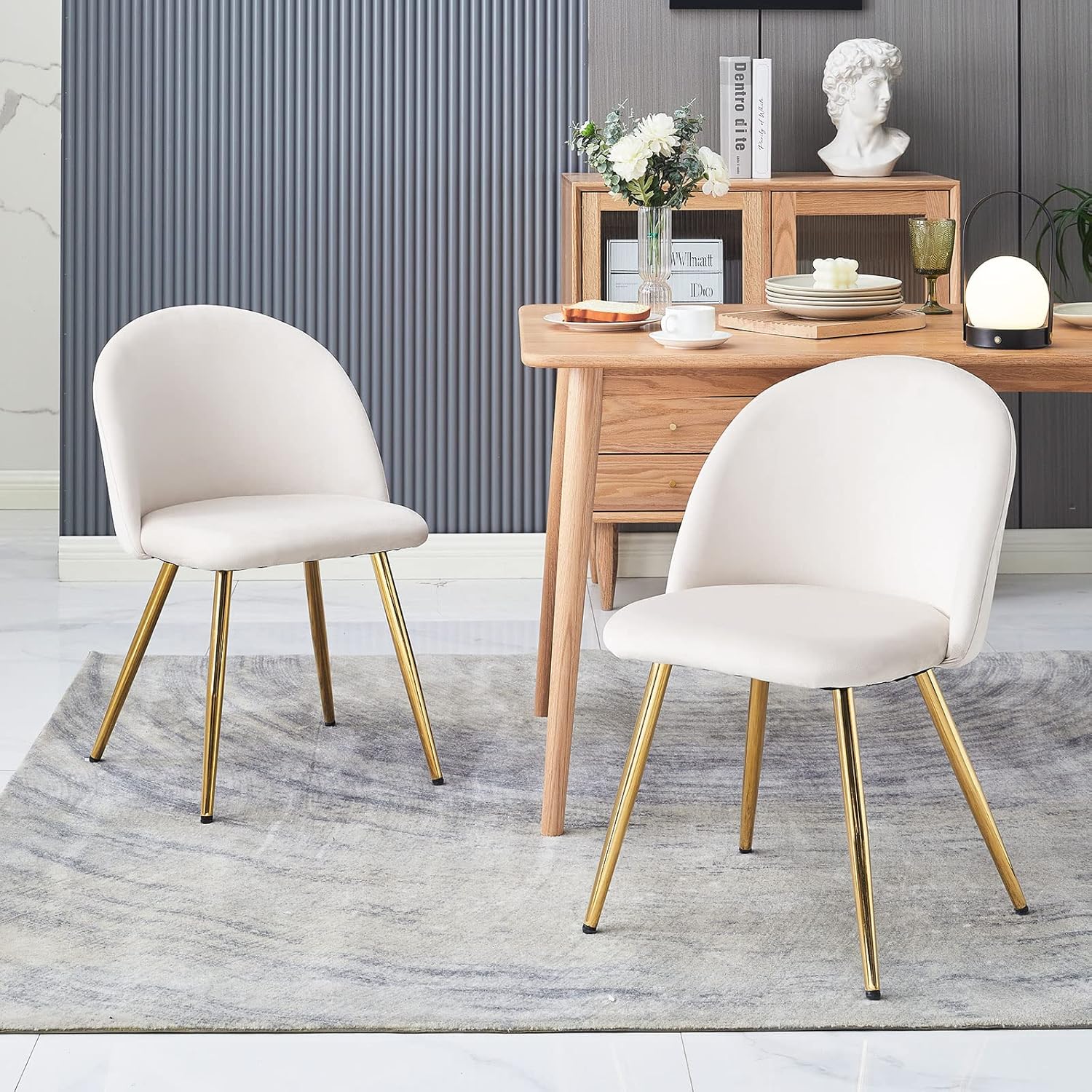TUKAILAi Juego de 2 sillas de comedor de terciopelo, silla auxiliar moderna, asiento tapizado y respaldo con patas cromadas doradas para cocina,