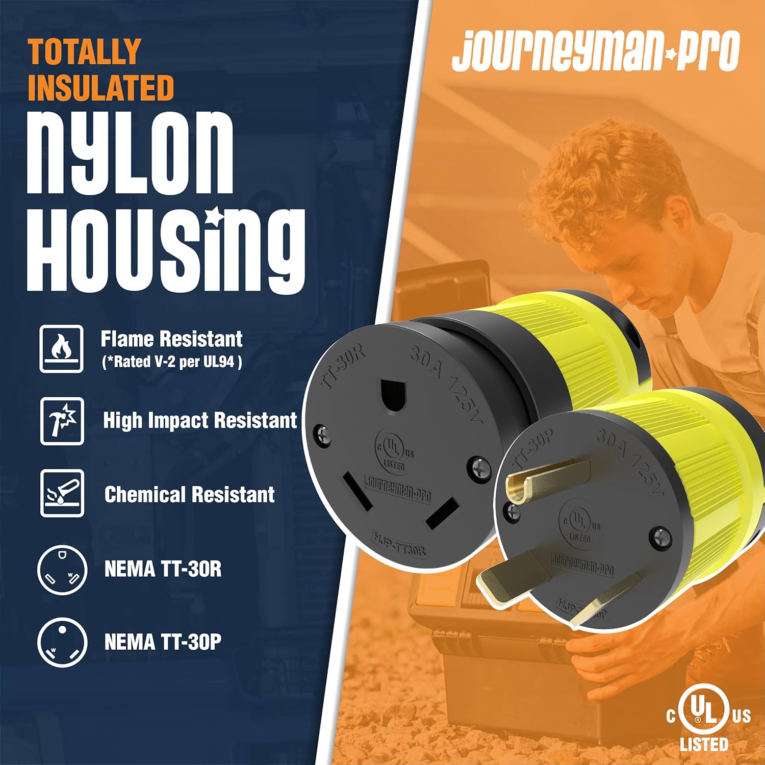 Journeyman-Pro NEMA TT-30R, 30 amperios, 125 voltios, conector hembra de remolque RV de hoja recta, grado industrial negroamarillo, generador de