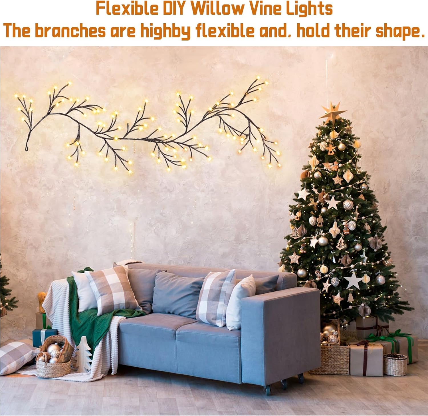 96 luces LED para árbol de pared para interiores, luz de sauce y vid, plantas artificiales, ramas de árbol, 8 modos, 6 pies, flexible, decoración de