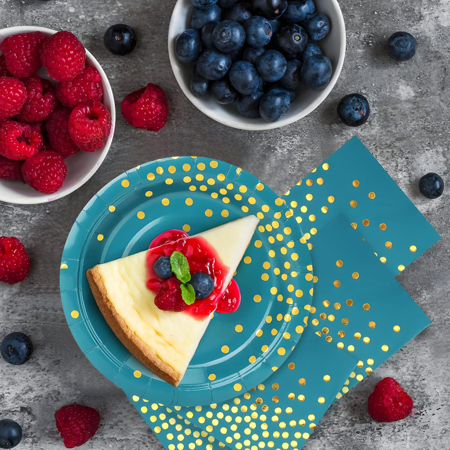 Paquete de 200 platos y servilletas de papel azul y verde dorado, 100 platos de postre de 7 pulgadas y 100 servilletas de 6.5 pulgadas, platos de