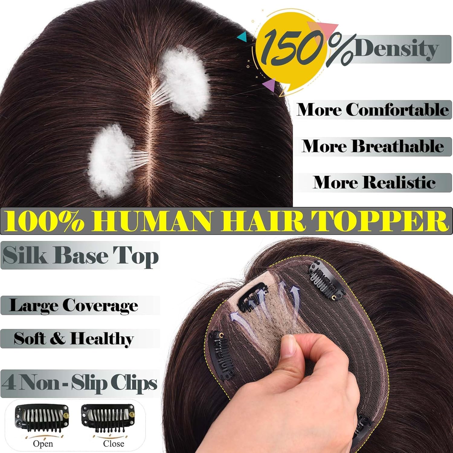 JGS1996 Extensiones de cabello humano real para mujer, sin flequillo, con pelucas de cabello fino, 150% de densidad, base de seda, clip en piezas de