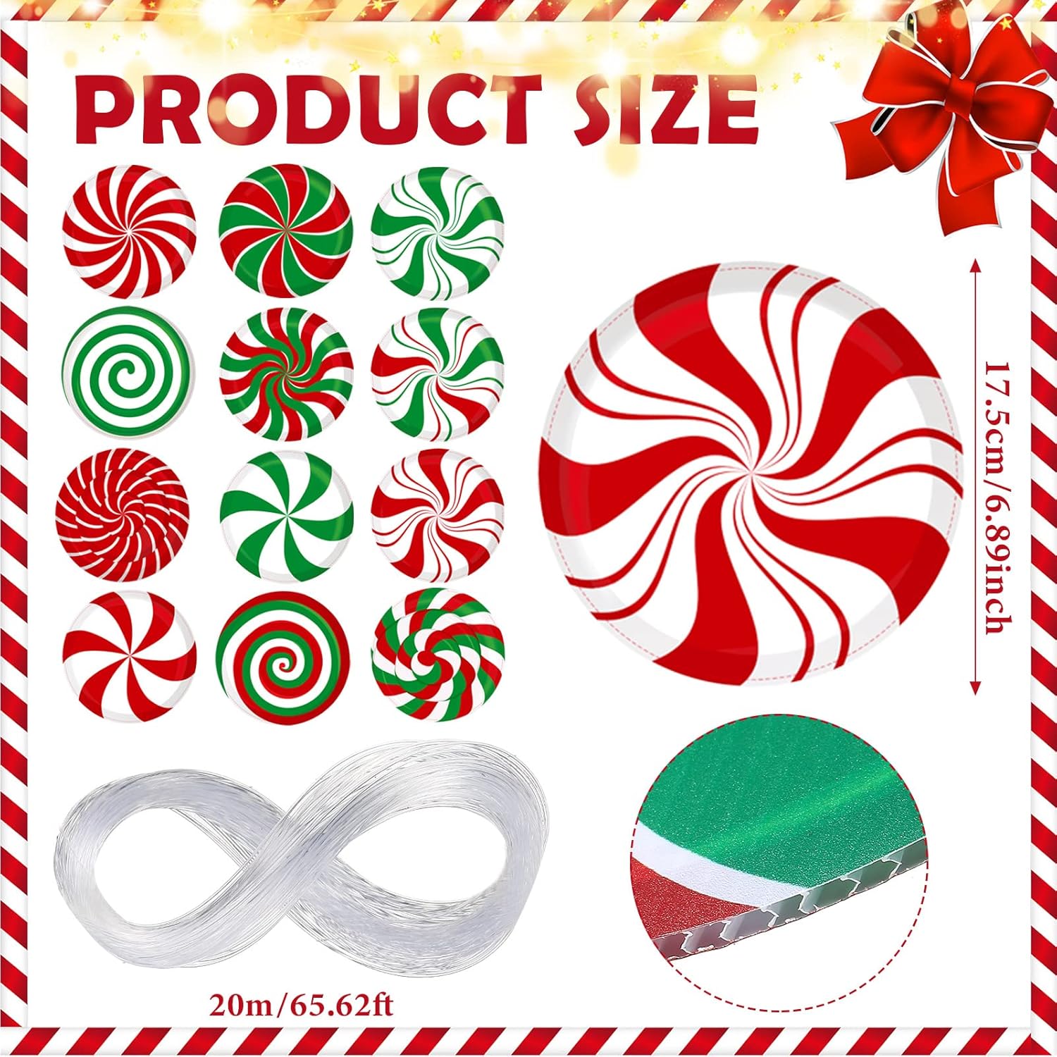 12 adornos grandes de caramelo de Navidad de 7 pulgadas, decoración de piruletas de menta, adorno colgante de bastón de caramelo para árbol de