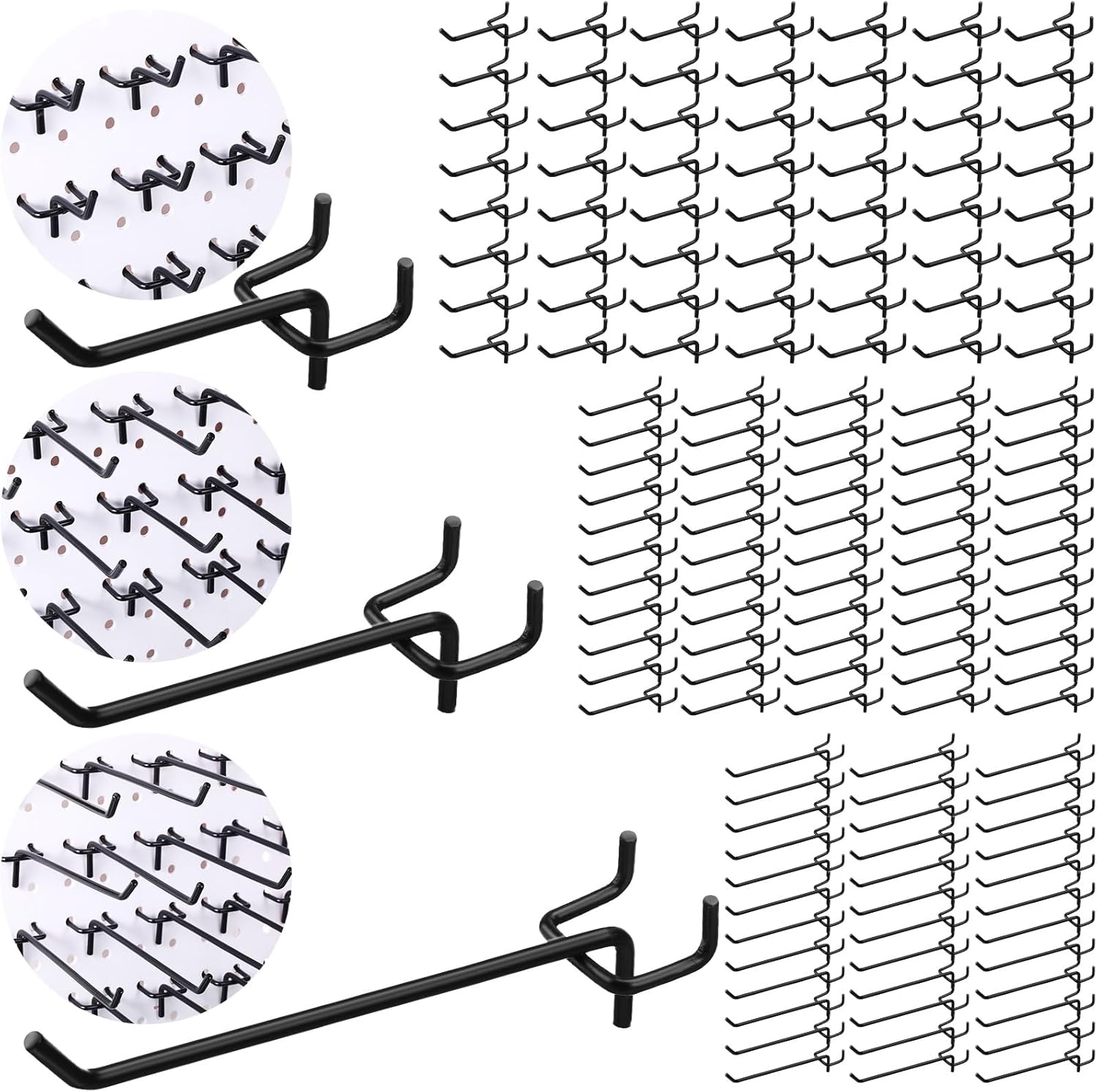 150 ganchos de acero inoxidable para tablero de clavijas negras, ganchos para estanterías para tablero de clavijas, accesorios de metal negro,