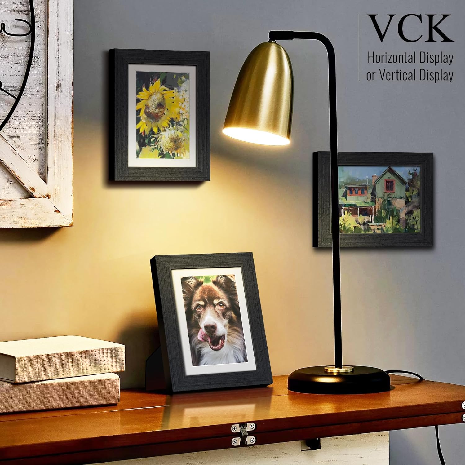 VCK Portarretratos de 5 x 7, 2 unidades, grano de madera natural, roble negro y vidrio HD, para fotos de 4 x 6 con paspartú o 5 x 7 sin paspartú,