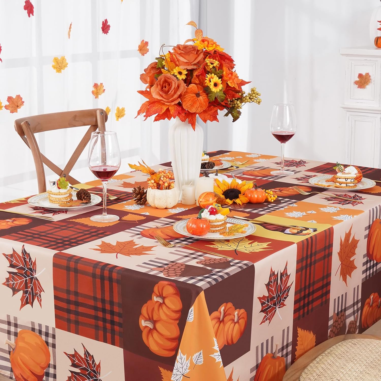 Alishomtll Decoración de otoño, mantel de otoño, mantel rectangular a cuadros de otoño, calabaza de otoño, hoja de arce, decoración de mesa festiva