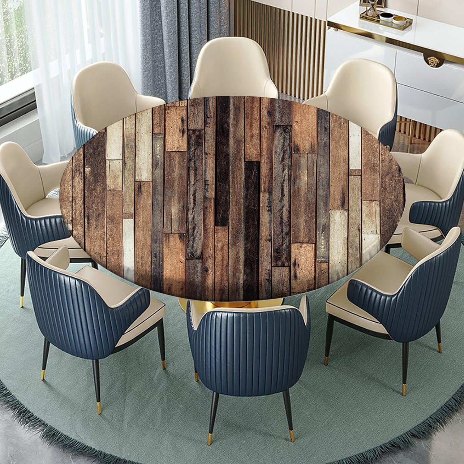 Mantel redondo ajustable de grano de madera, con borde elástico para exteriores, para fiestas, comedor, hogar, picnic, se adapta a mesas de hasta 52