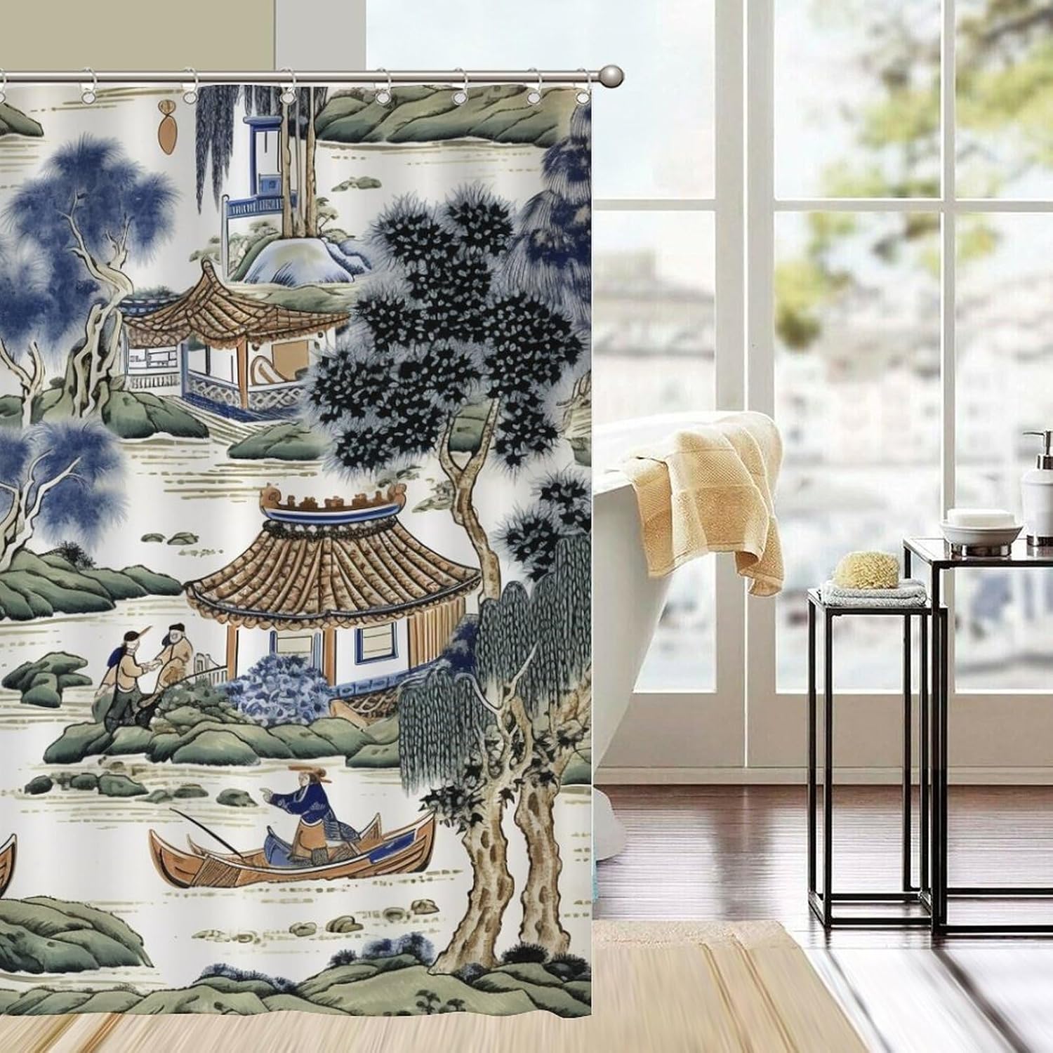 Cortina de ducha azul y verde chinoiserie de pinos chinos, tela de pabellón chino, forro de cortina de ducha impermeable para decoración de bañeras