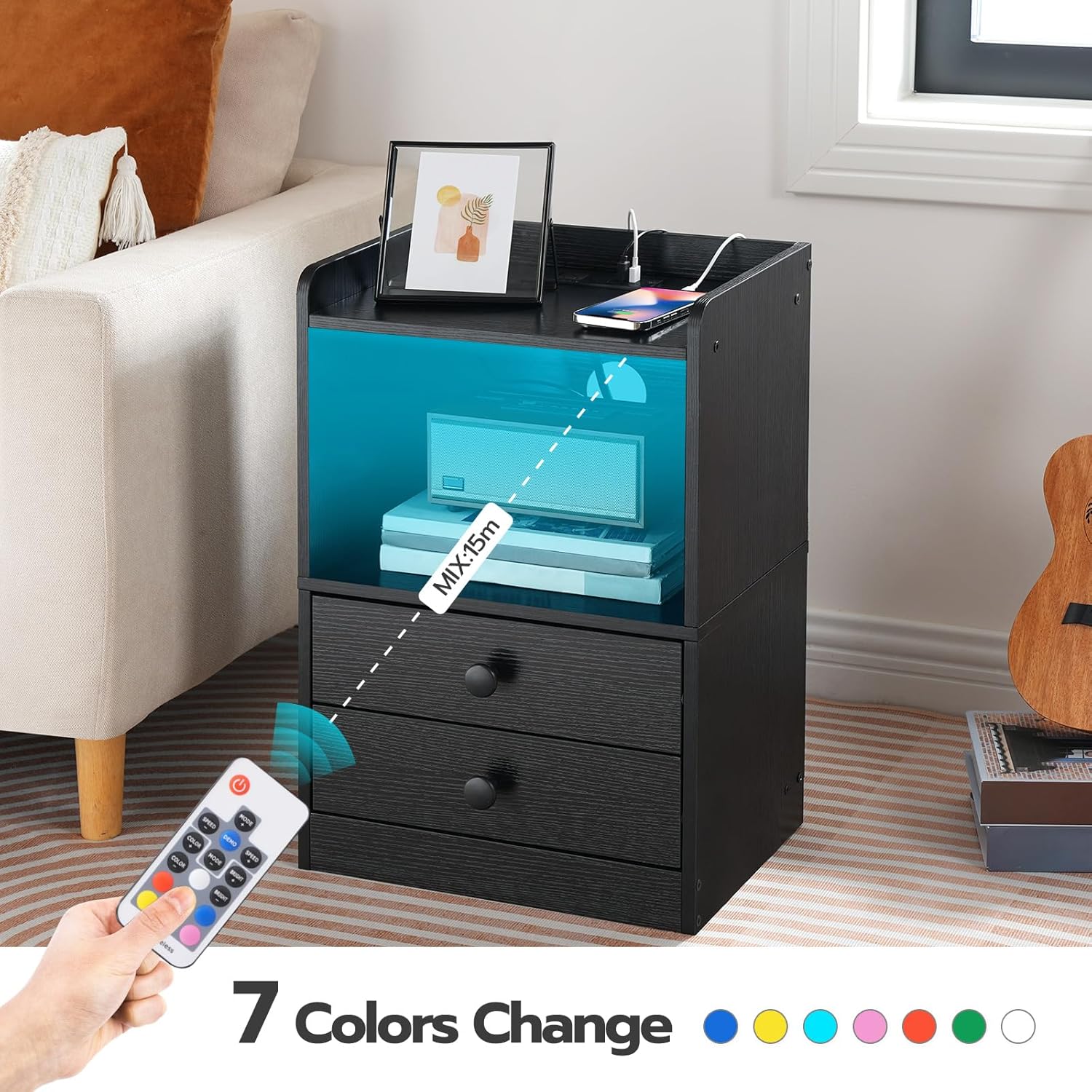 HOOBRO Mesita de noche con estación de carga, moderna mesita de noche con luces LED, mesa auxiliar con 2 cajones, mesa auxiliar con puertos USB y