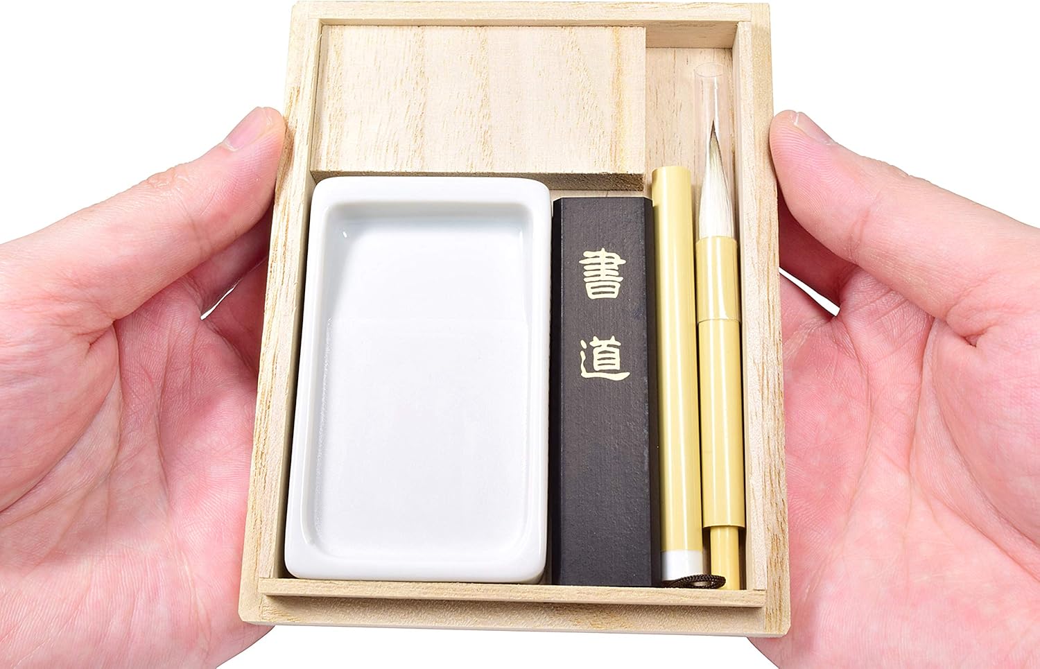 Product of Gifu Japan Juego de caligrafía japonesa Mino Washi Shodo, piedra de tinta, barra de tinta Sumi y pincel Shuji desmontable con caja de