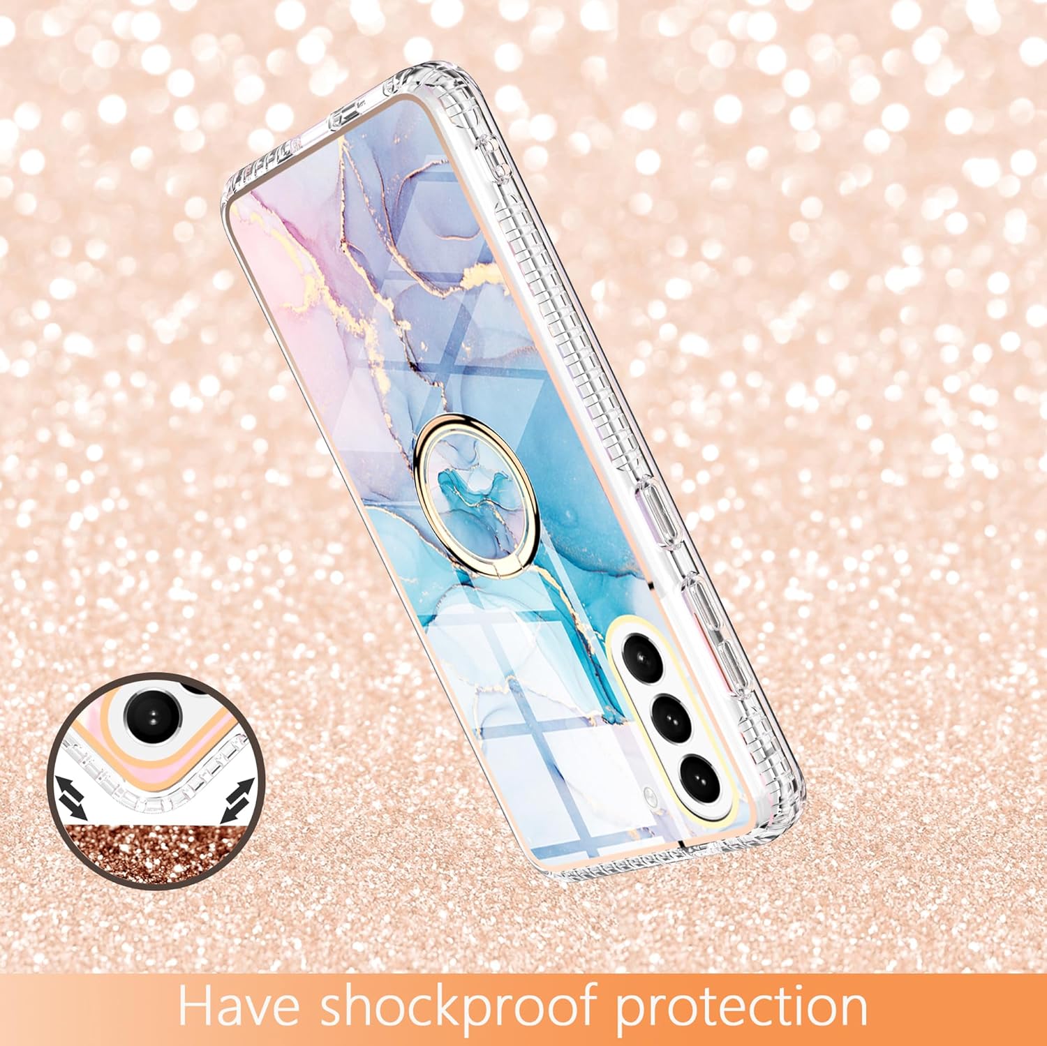 Asuwish Funda de teléfono para Samsung Galaxy S21 FE 5G con protector de pantalla y soporte para anillo de mármol, a prueba de golpes, silicona TPU,
