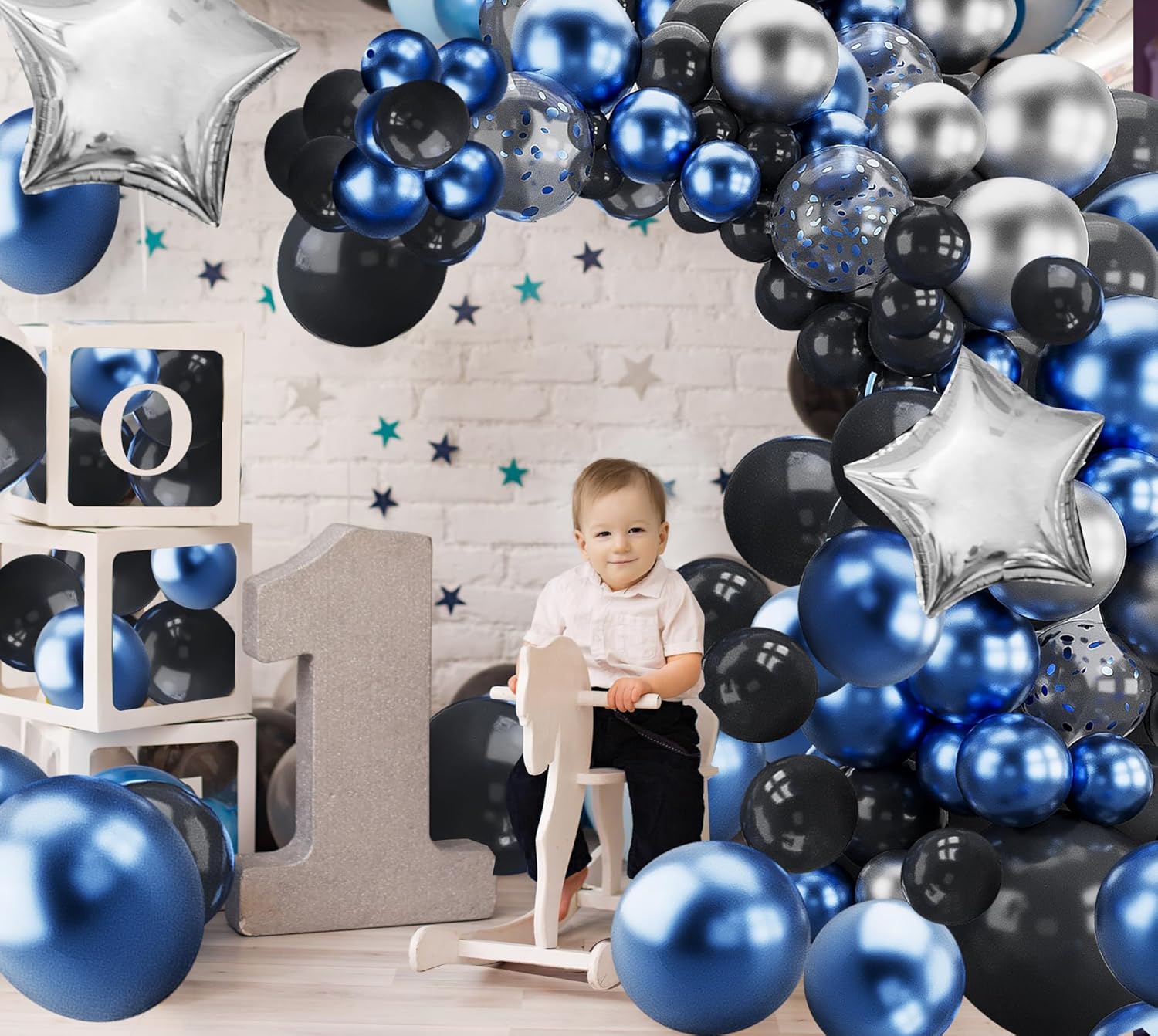 Kit de arco de guirnalda de globos azules, plateados y negros, 148 globos de confeti azul metálico, decoración de fiesta para baby shower,