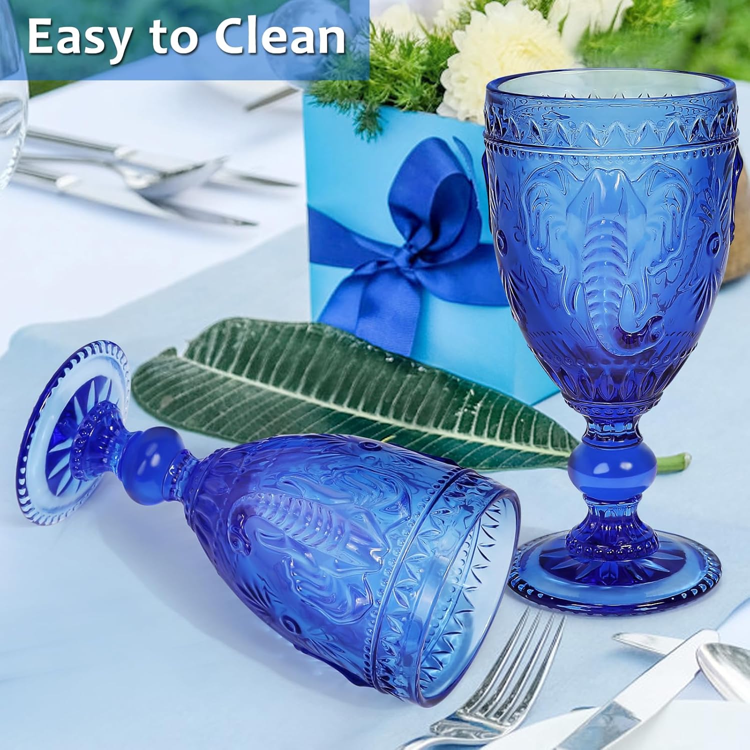 Juego de 6 copas de vino con diseño prensado de elefante, juego de 6 copas de agua de colores, vasos azules sin plomo para fiestas y bodas, 10 onzas