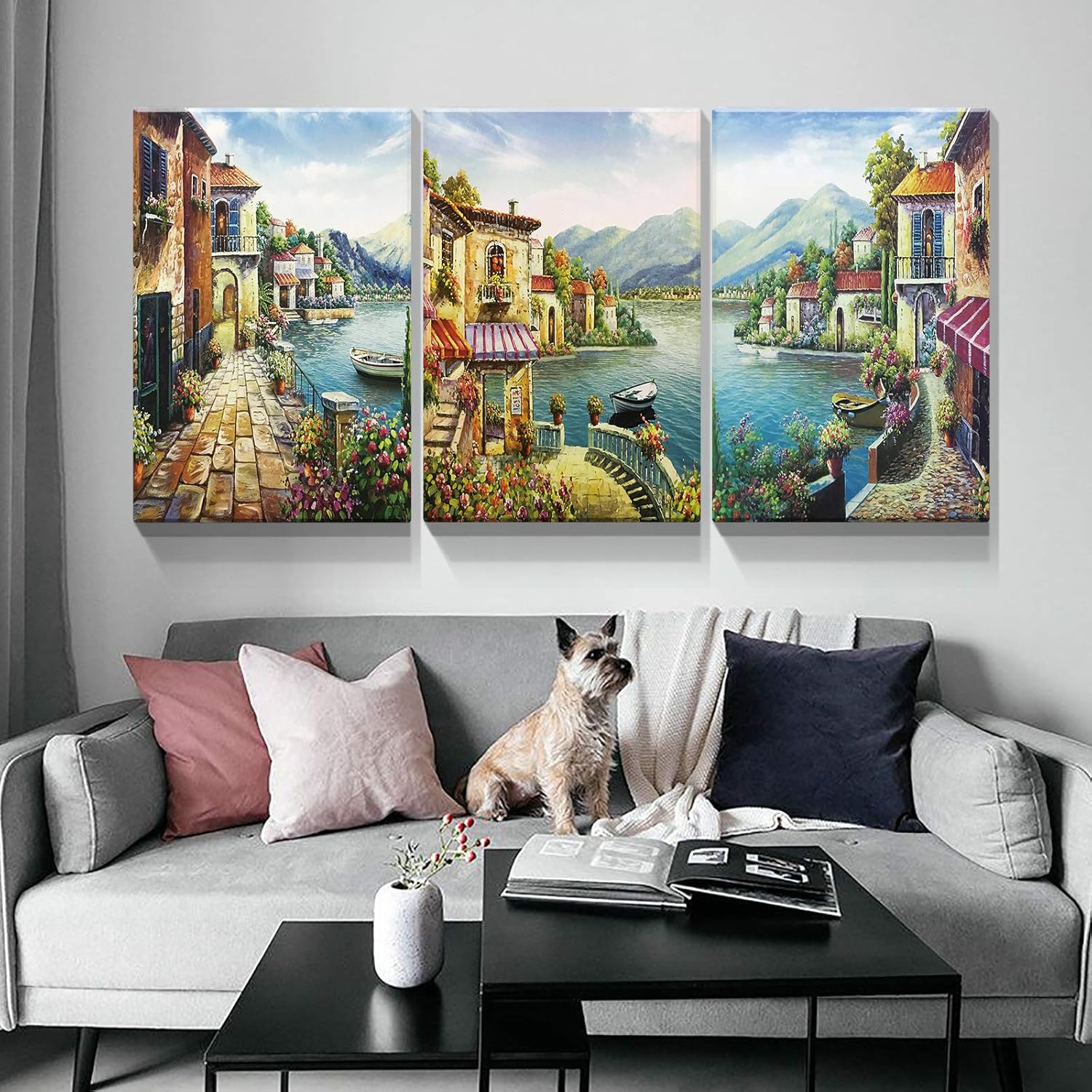 Denozer Lienzo decorativo para pared, lienzo de ciudad europea, 3 piezas, arte de pared con flores costeras, pintura de reproducción para oficina,