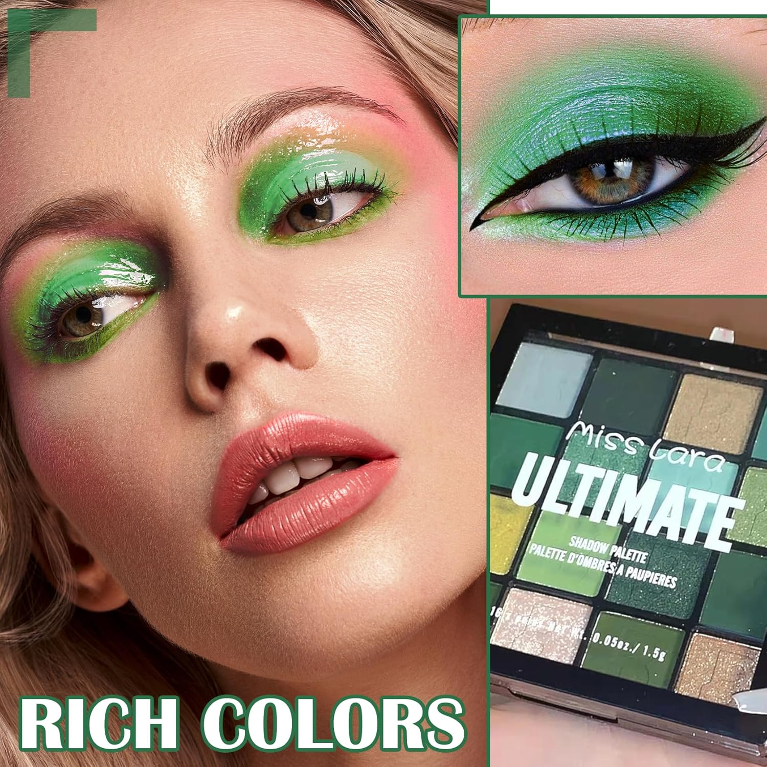 XiaoTu Paleta de sombra de ojos verde, paleta de maquillaje de sombra de ojos mate con purpurina de 16 colores, altamente pigmentada, colorida,