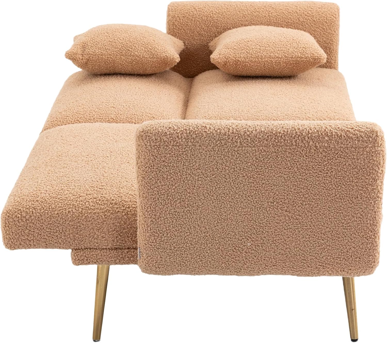Kakotito Sofá biplaza de terciopelo moderno de mediados de siglo, sofá pequeño con 7 patas de metal dorado (Camel Teddy)