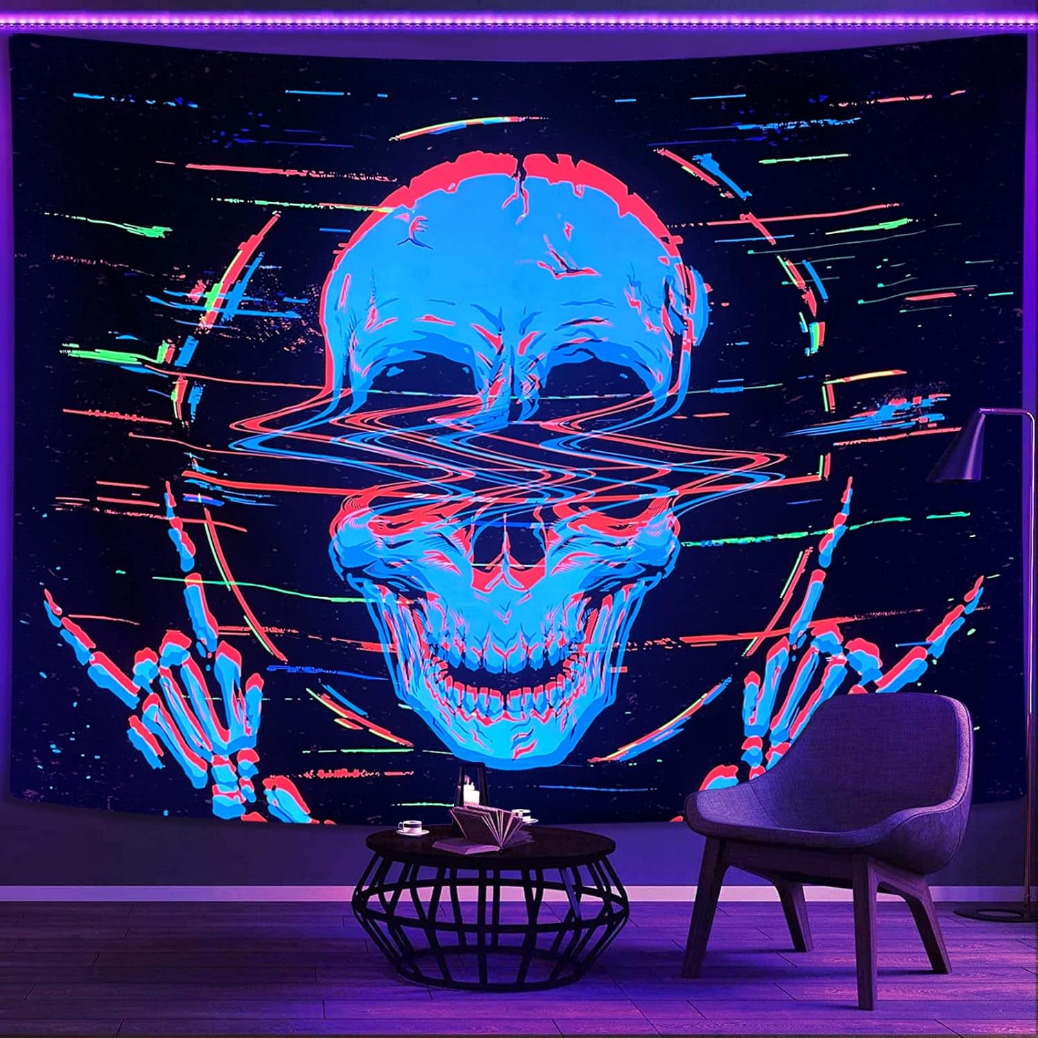 Faxdong Tapiz de calavera con luz negra, tapiz de esqueleto hippie reactivo a los rayos UV, tapiz de roca y rollo para decoración de dormitorio, 36