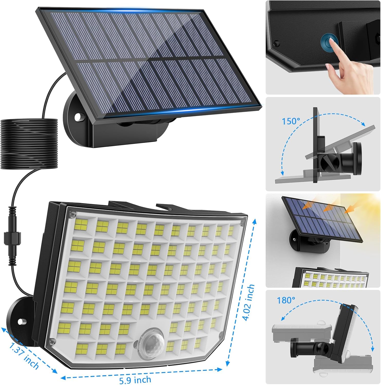 Luces solares para exteriores, 256 luces LED de seguridad con sensor de movimiento con control remoto, cable de 16.4 pies, impermeable IP65, 3