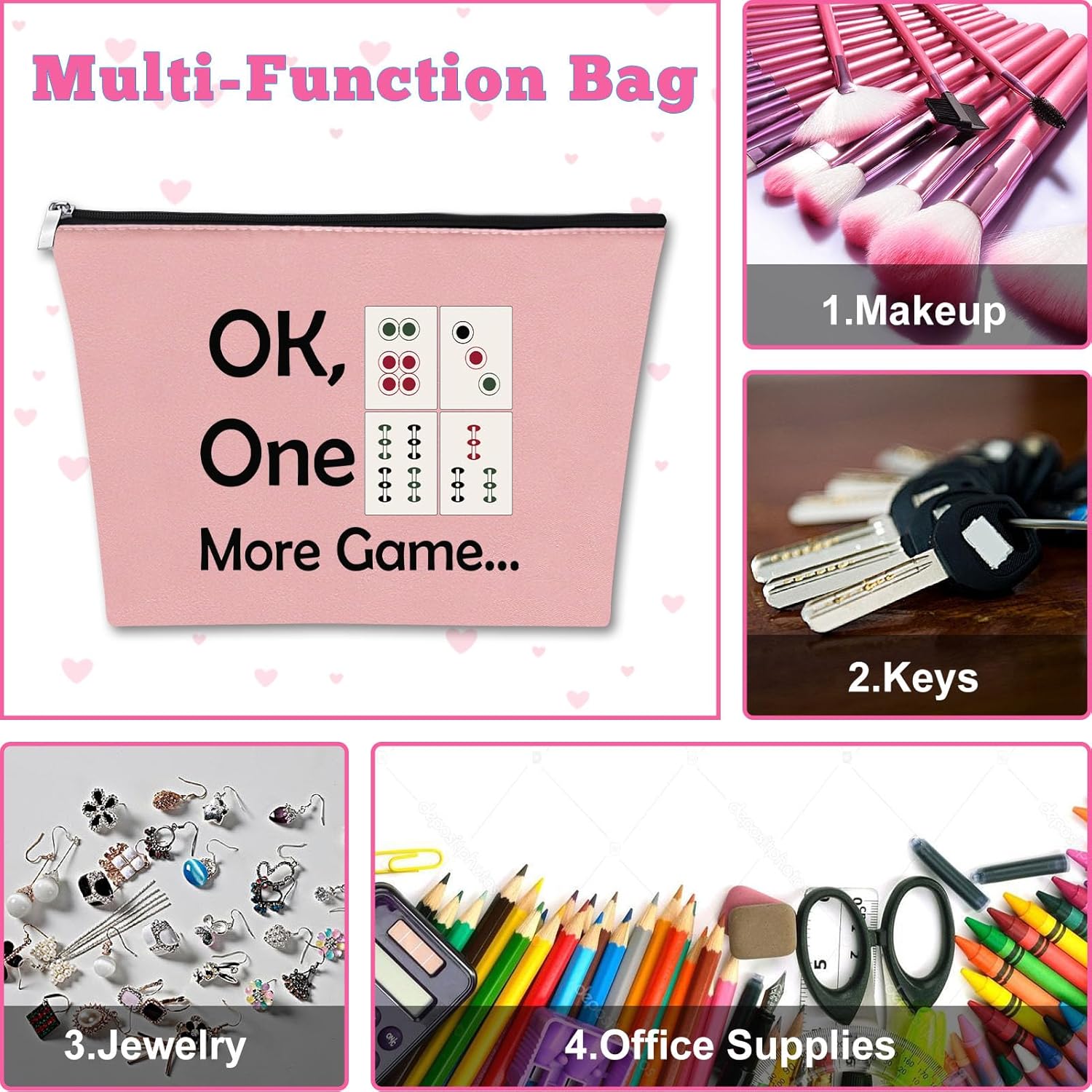 Mxrymvu 2 unids Mahjong amante regalo maquillaje bolsa Mahjong jugador regalo Mahjong niñas bolsa de cosméticos, rosado+beige, Viajes