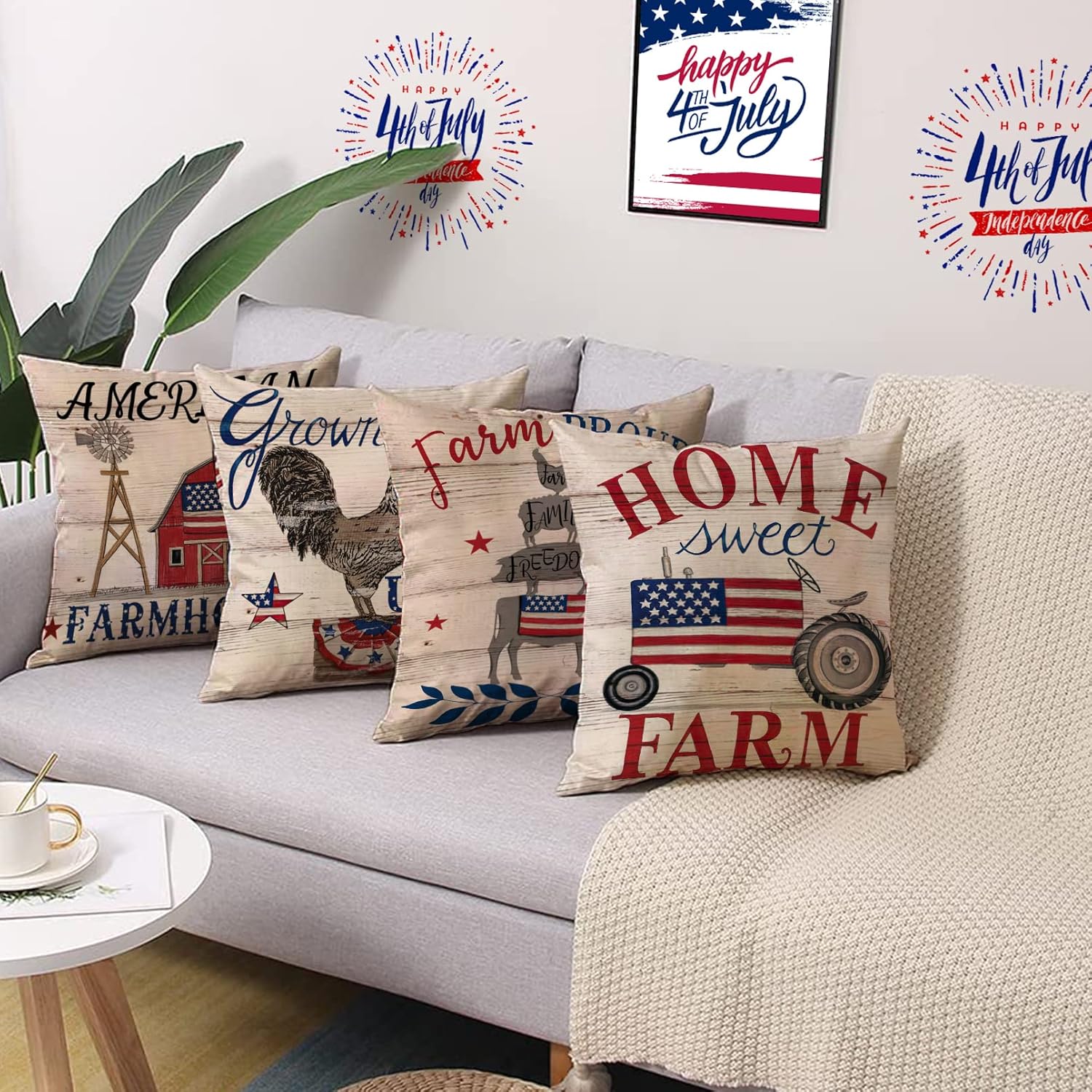 Juego de 4 fundas de almohada decorativas con bandera estadounidense del 4 de julio, 18 x 18 pulgadas, diseño patriótico de Estados Unidos, granja
