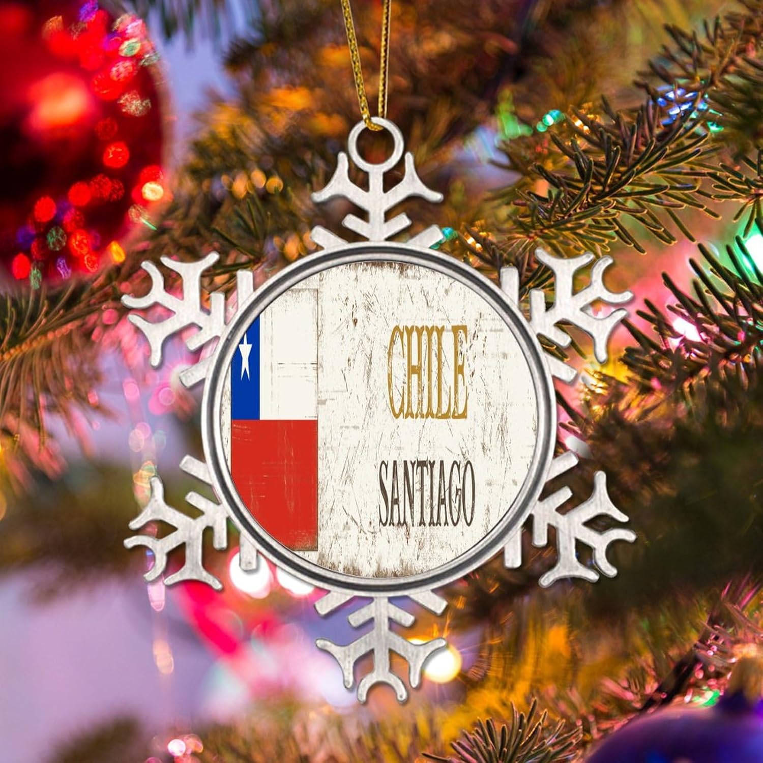 CowkissSign Adorno de bandera para Navidad, adorno de Santiago para decoración de árbol de Navidad, regalo de Chile, viajero del mundo, copos de