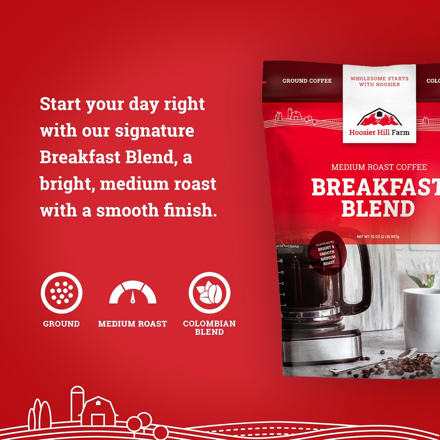 Hoosier Hill Farm Breakfast Blend – Café molido, tostado medio, 32 onzas (2 libras), bolsa resellable