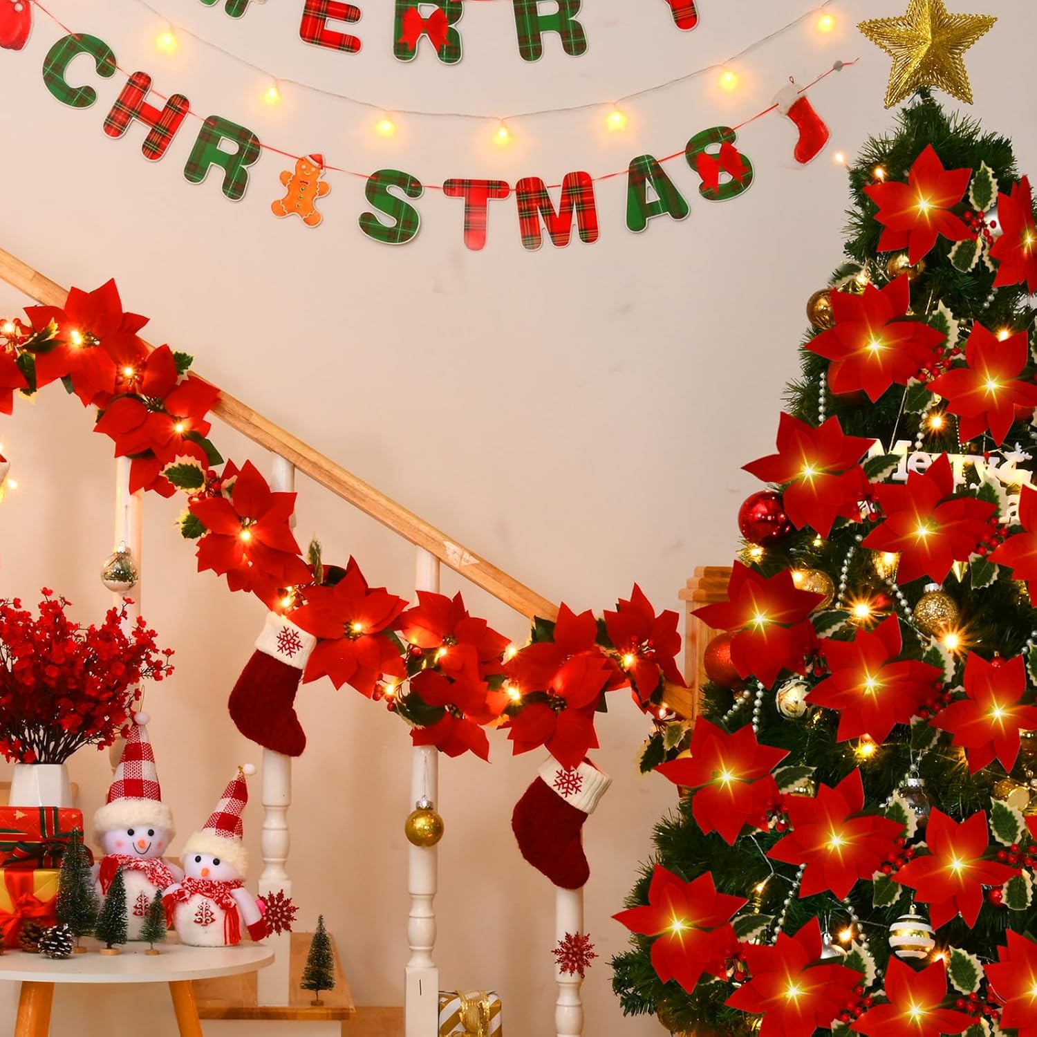 2 guirnaldas de Navidad decorativas  7.5 pies de flores de Pascua artificiales iluminadas con temporizador, guirnalda de Navidad para decoración de