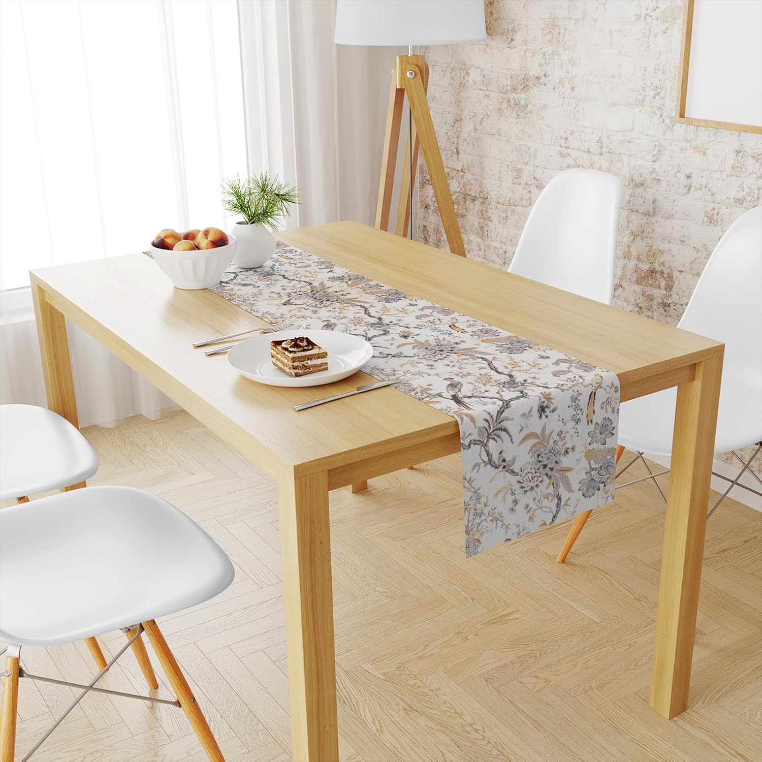 Snycler Chinoiserie Camino de mesa amarillo y blanco con flores de otoño, diseño moderno y elegante con pompones, centro de mesa geométrico,