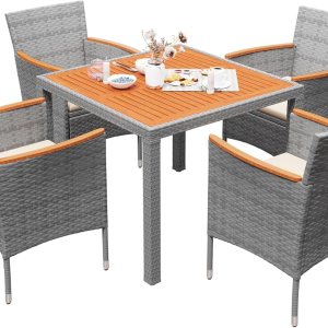 Devoko Juego de 5 muebles, conversación de patio con parte superior de madera de acacia, mesa de comedor al aire libre de ratán y sillas para patio Devoko Juego de 5 muebles, conversación de patio con parte superior de madera de acacia, mesa de comedor al aire libre de ratán y sillas para patio