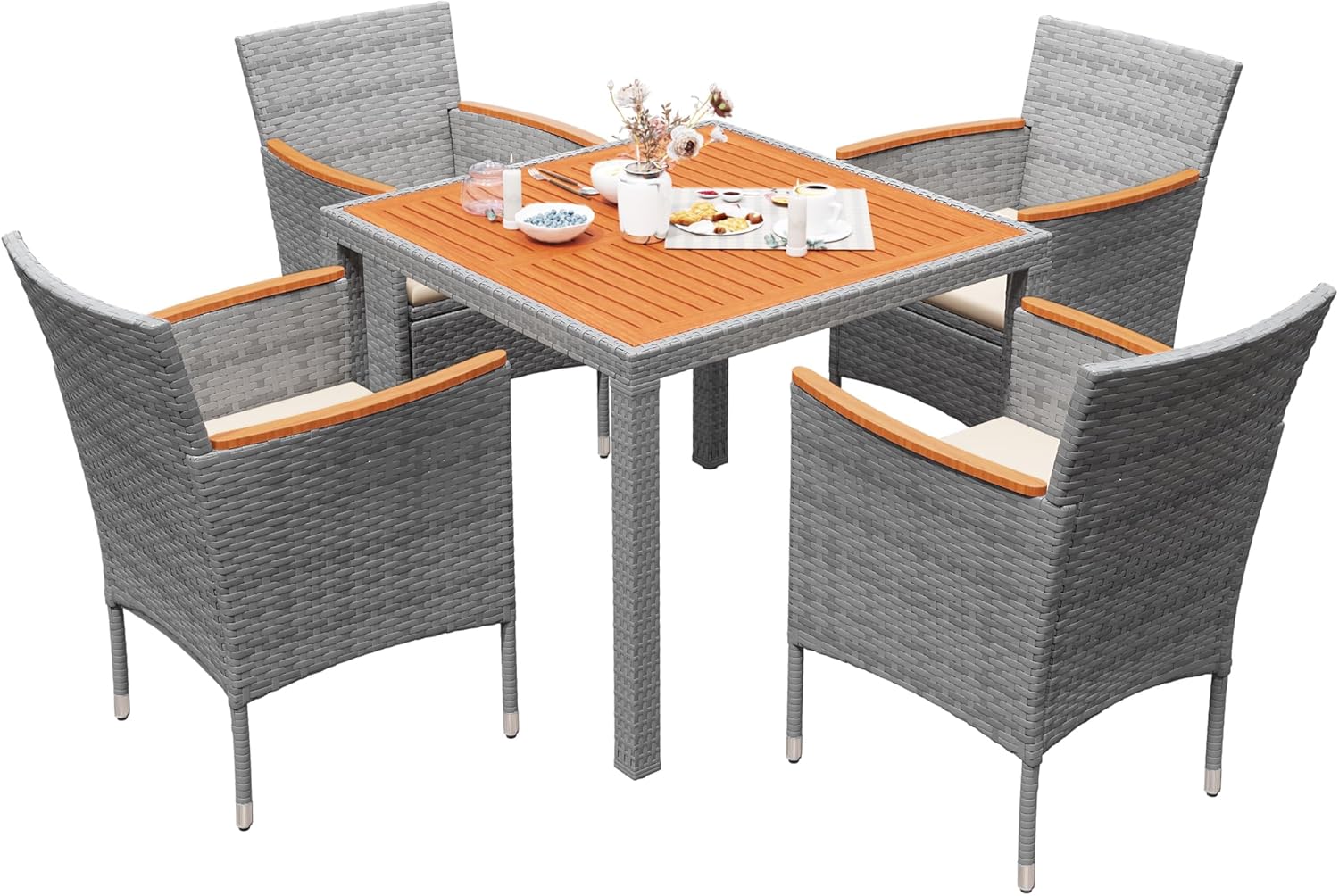 Devoko Juego de 5 muebles, conversación de patio con parte superior de madera de acacia, mesa de comedor al aire libre de ratán y sillas para patio
